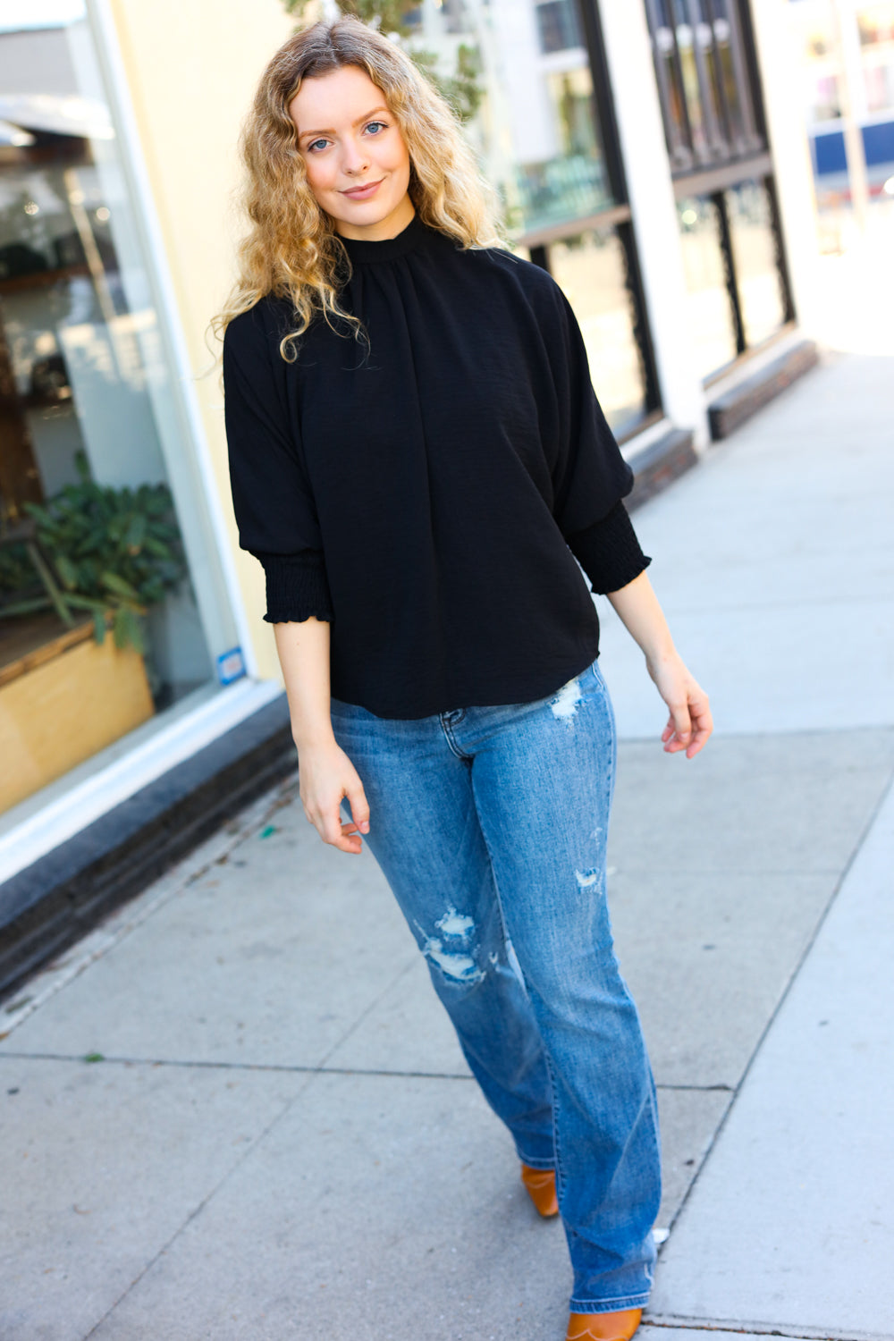 Black Smocked Three-Quarter Sleeve Tie Back Top for Women | Elegant Blouse for Date Night, Brunch & Summer Outfits | Flattering Casual & Dressy Tops