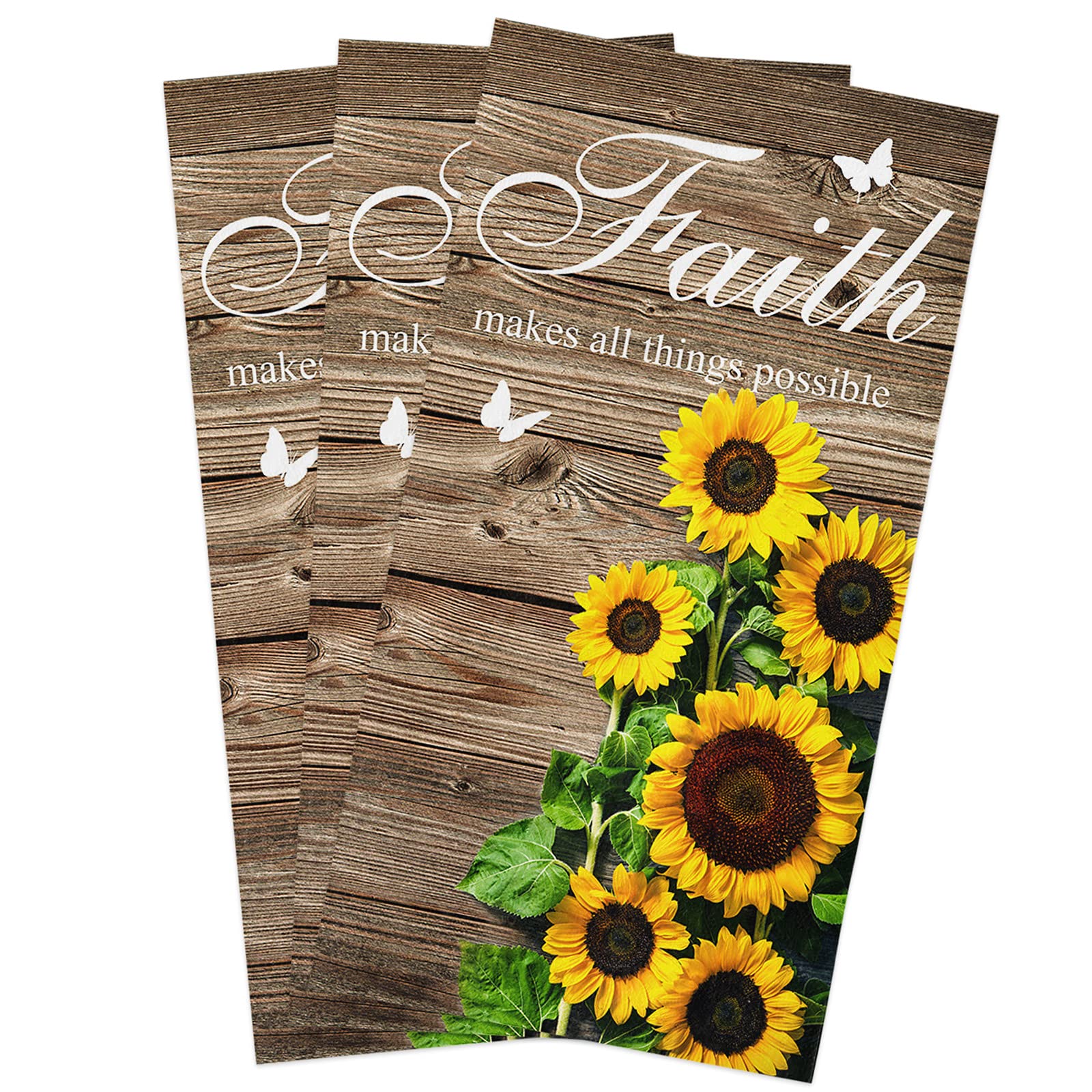 Faith Makes All Things Possible Sunflower Kitchen Towels - 3 Pack Absorbent 18x28 Inch Dish Towels for Drying Dishes, Cleaning Countertops & Household Chores - Rustic Wooden Print Inspirational Cleaning Cloths