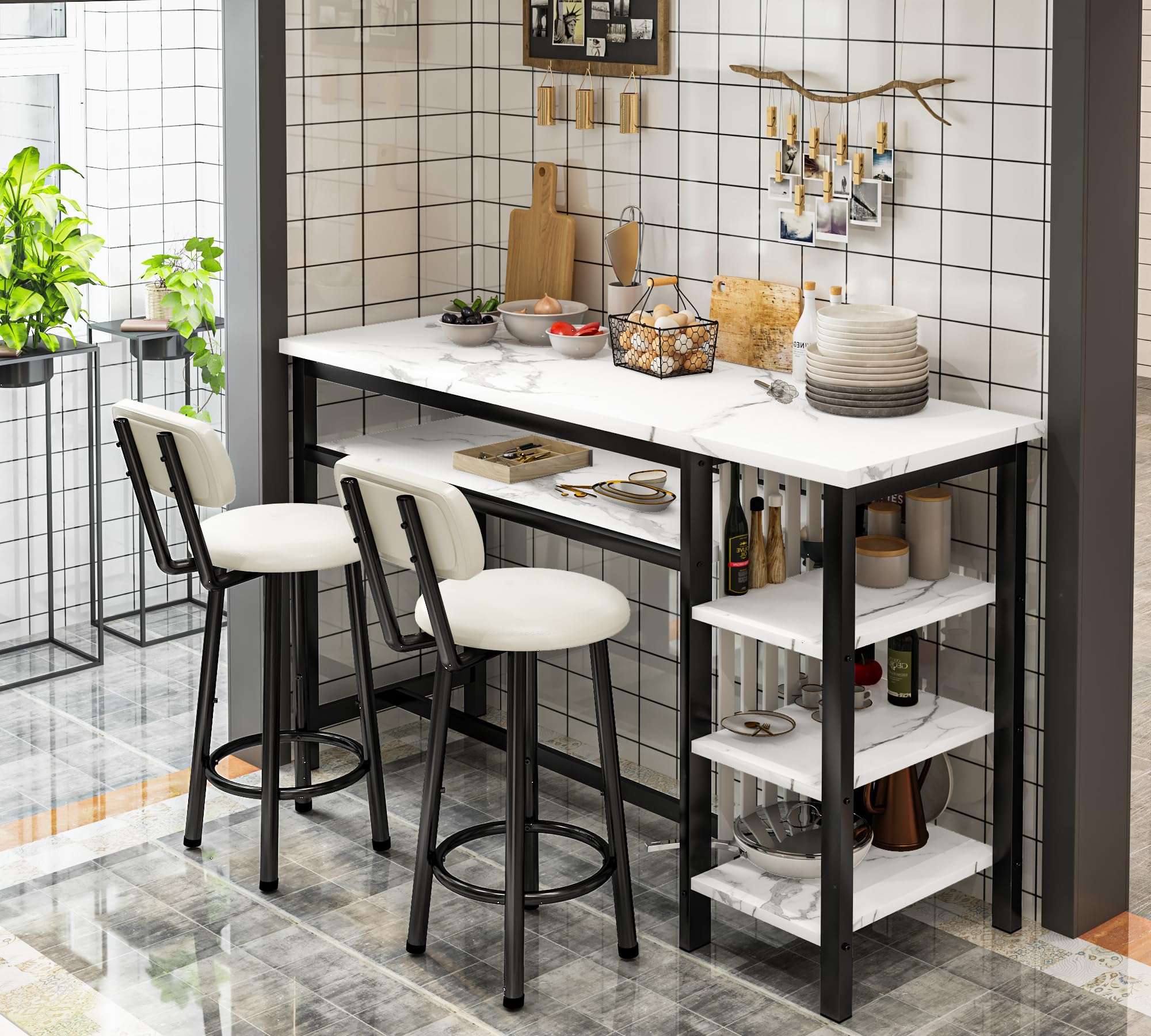 Modern 5-Tier Compact Kitchen Bar Height Table & 2 Chairs Set - White Faux Marble Top with Black PU Leather Upholstered Seats - Space-Saving Dining Set for Small Apartments, Breakfast Nooks & Home Offices