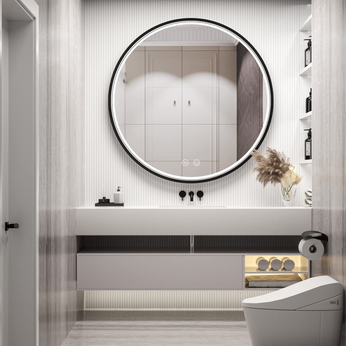36 Inch LED Round Bathroom Mirror with Light - Black Metal Frame, 6000K Vanity Mirror, Wall Mounted, Anti-Fog, Dimmable Touch Switch, Waterproof IP54 - Perfect for Makeup, Shaving & Home Decor