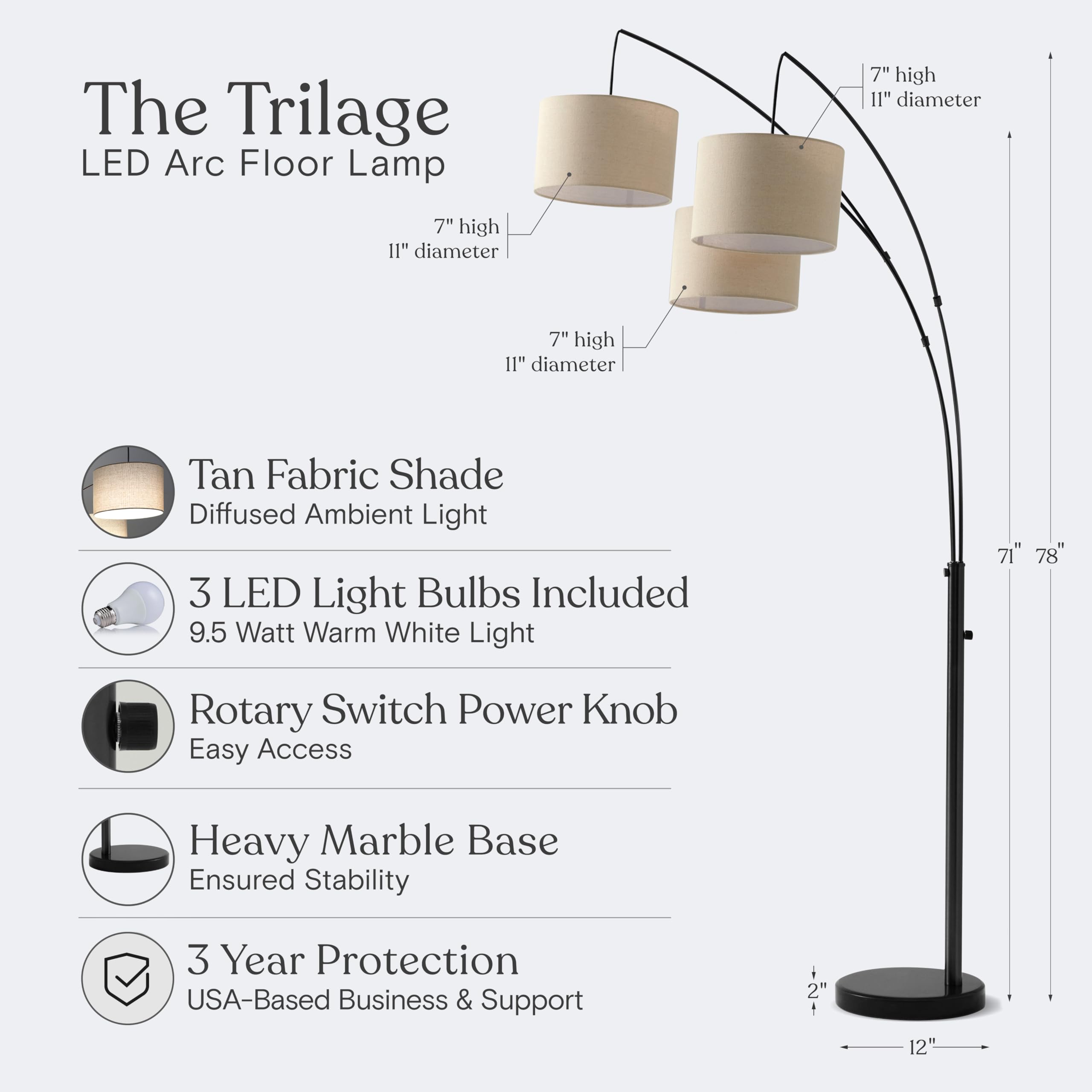 Brightech Trilage Arc Floor Lamp - 3 Head Tree Floor Lamp for Living Room & Bedroom, Adjustable Standing Lamp with Hanging Lights Over Couch - Modern Black Floor Lamp for Reading, Relaxing & Home Decor