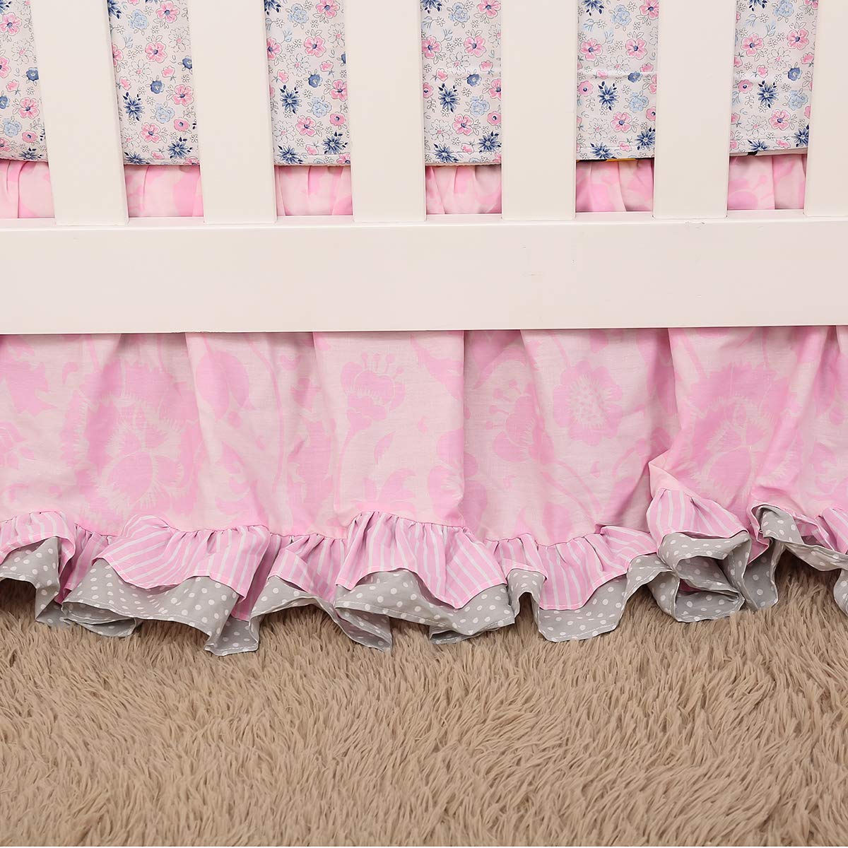 3-Piece Pink Embroidery Butterfly Baby Crib Bedding Set - Floral Lace Trimmed Nursery Bedding for Girls with Comforter, Fitted Sheet & Skirt - Perfect for Newborn Nursery Decor & Baby Shower Gifts