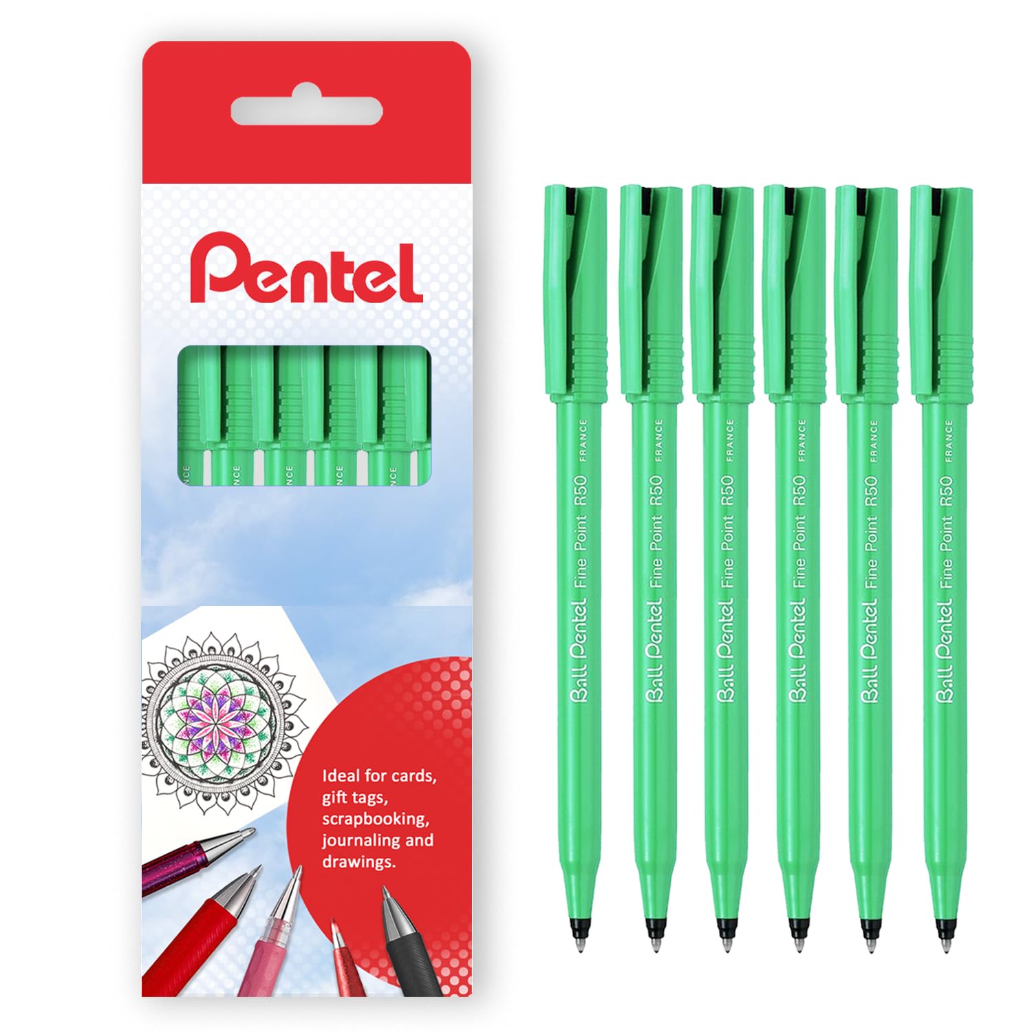 Pentel R50 Rollerball Pen - 0.8mm Fine Point with Cushioned Nib, 0.4mm Line Width, 77% Recycled Material (6-Pack) - Smooth Writing for Office, School & Note Taking