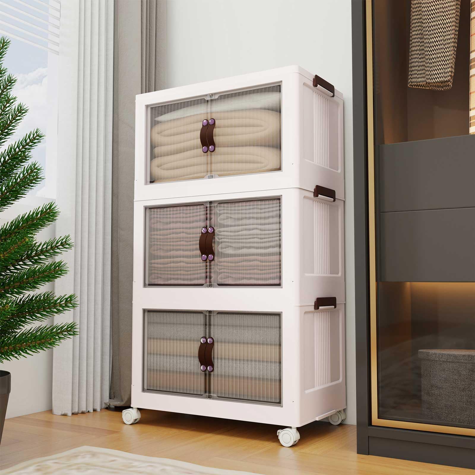 Collapsible Storage Cabinet with Lids - 100 Gallon/400QT Large Clear Door Storage Bins, 5-Tier Stackable Organizer with Rotating Wheels, Foldable Closet & Home Storage Solution for Bedroom, Garage, Office (White)