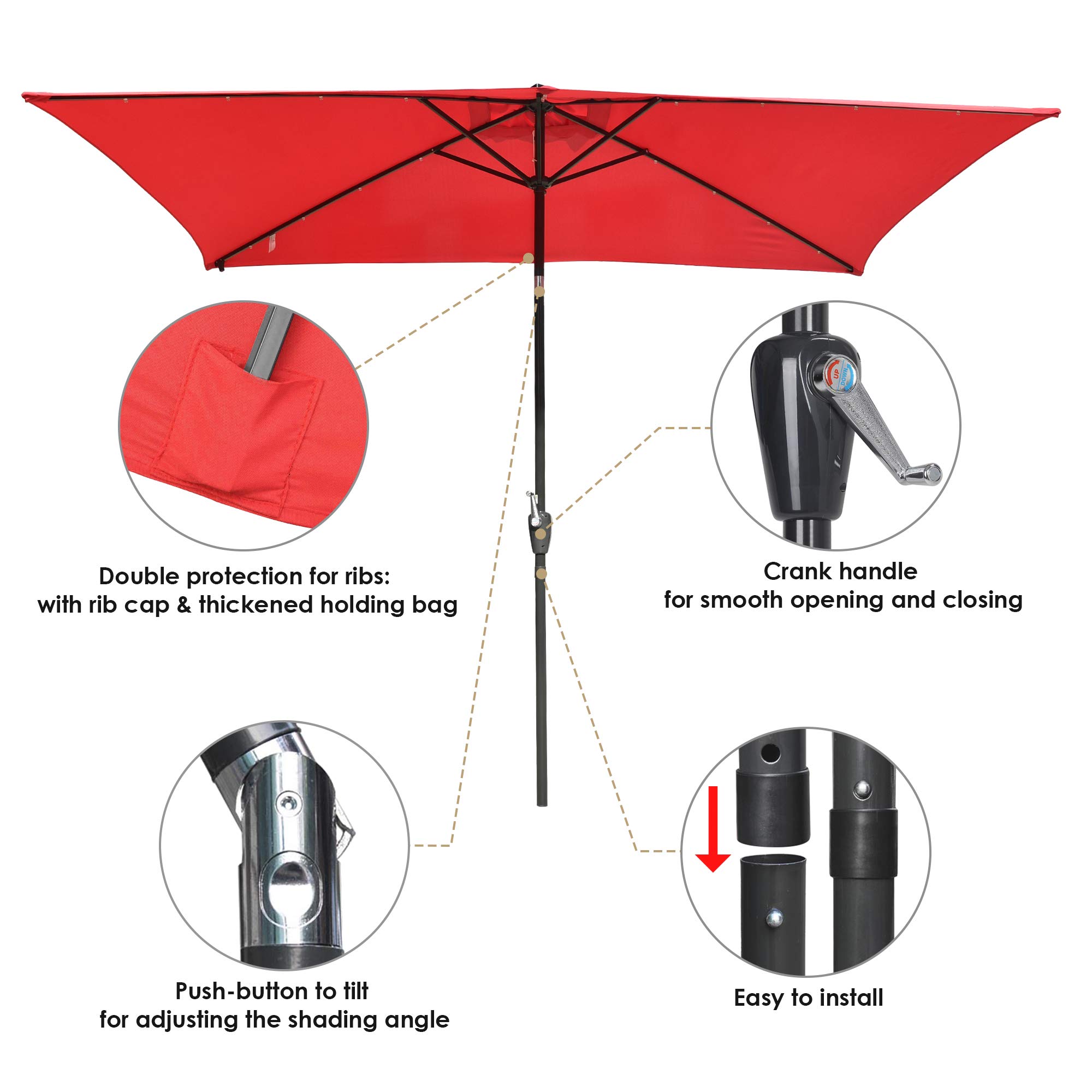 Yescom 10x6.5ft Red Outdoor Patio Umbrella with Solar LED Lights - Crank & Tilt Aluminum Market Umbrella for Beach, Poolside, Garden & Backyard Relaxation