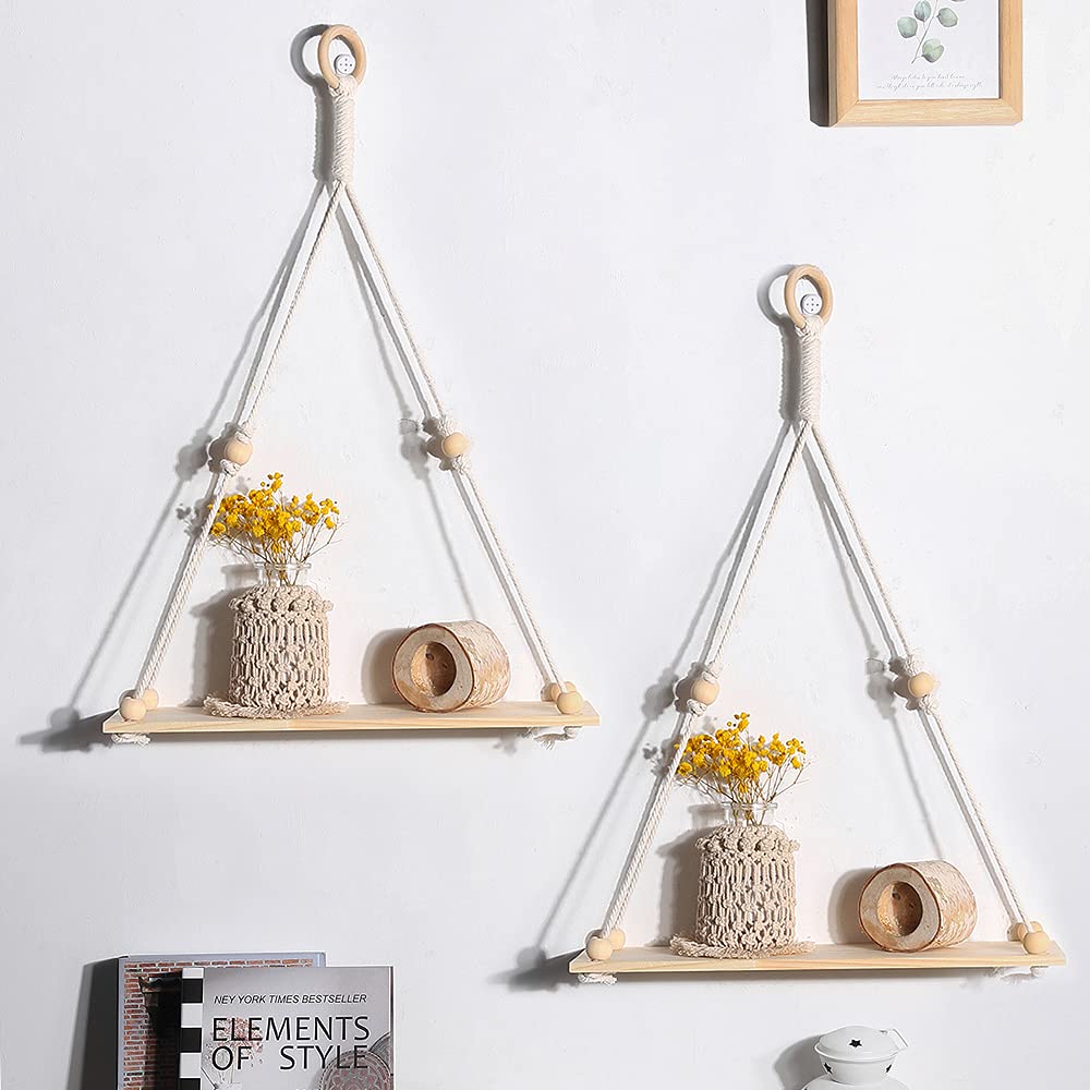 Artilady 2 Pack Wooden Wall Hanging Shelves - Macrame Plant Shelf Boho Decor, Handmade Rustic Floating Shelves for Plants, Flower Pots & Home Storage | Perfect for Living Room, Bedroom & Balcony Decor