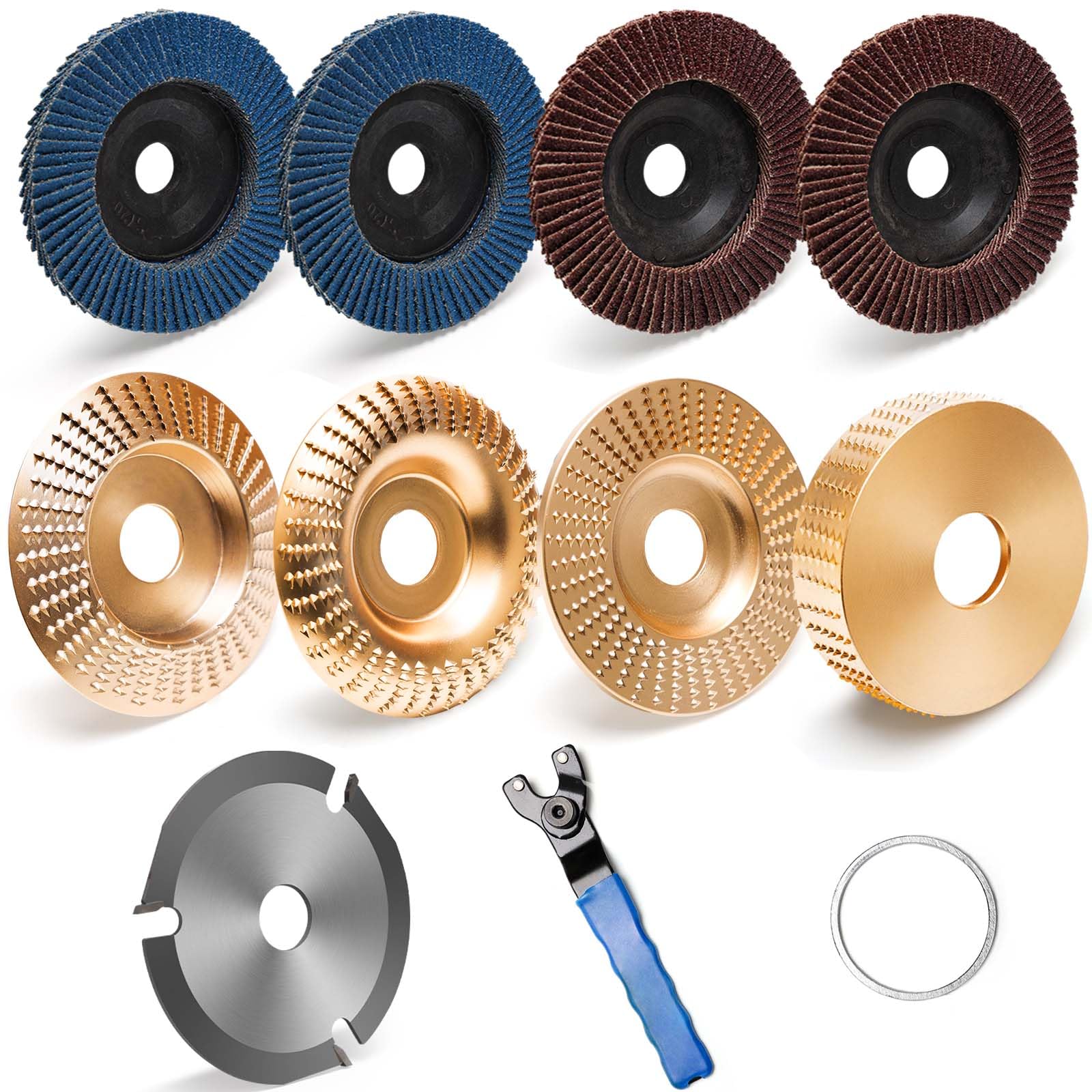9Pcs Angle Grinder Wood Carving Disc Set - 4 Wood Shaping Grinding Discs, 4 Sanding Wheels, 1 Speedcutter & 1 Grinder Wrench for DIY Woodworking & Metal Polishing - Perfect for Furniture Making, Home Renovation & Craft Projects