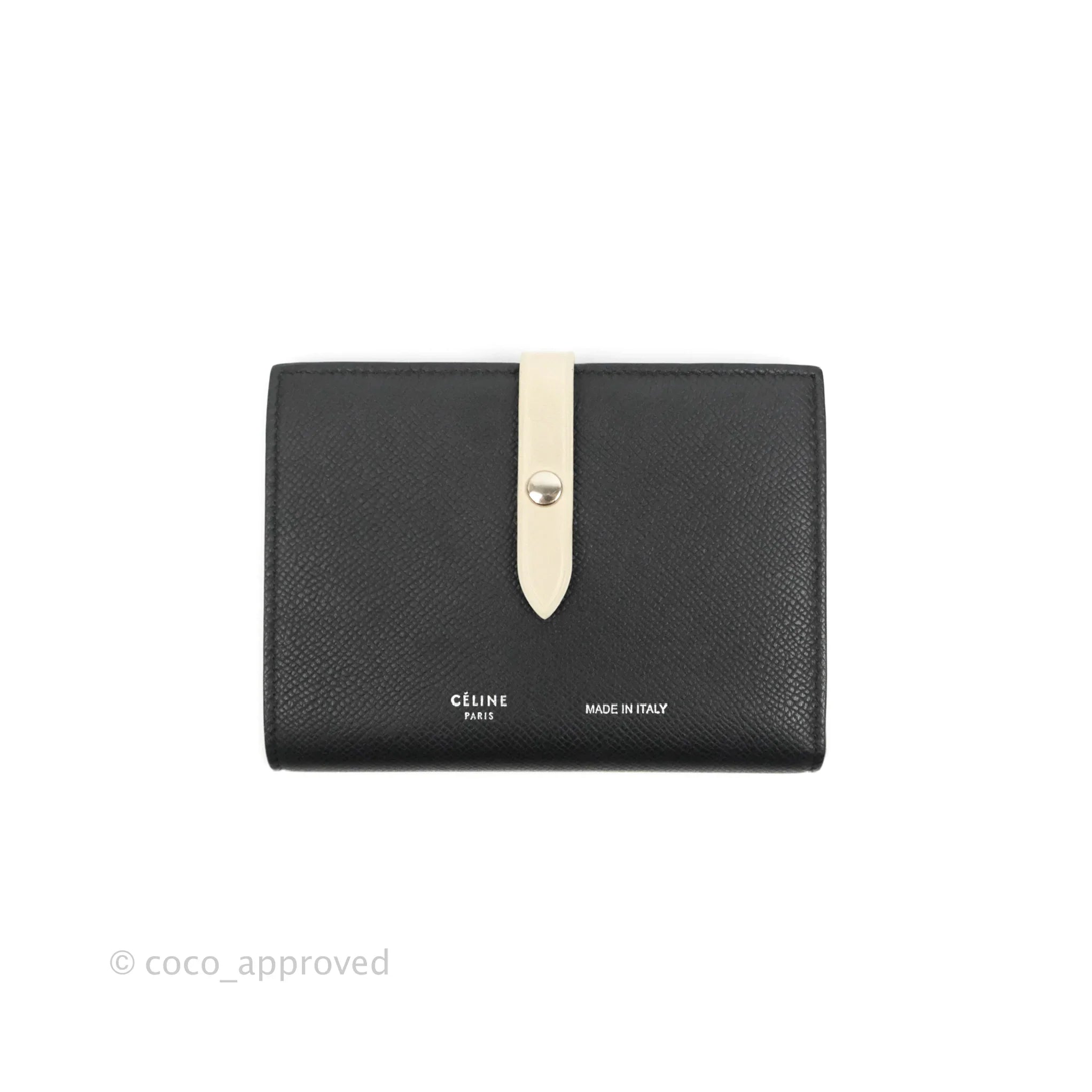 Celine Medium Strap Wallet in Grained Calfskin - Black & Cream Crossbody Bag for Women | Perfect for Everyday Use, Travel & Shopping