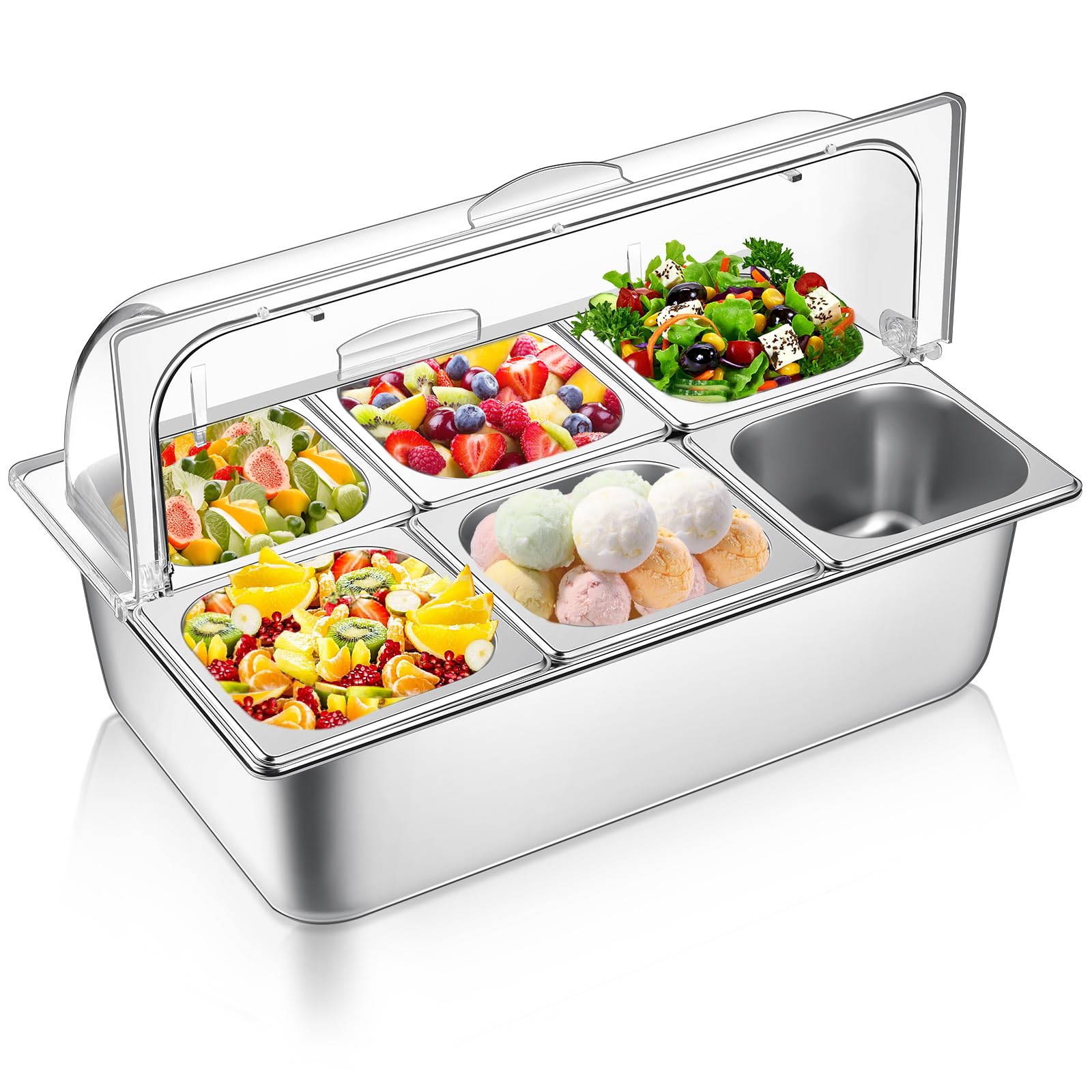 Stainless Steel Buffet Food Serving Tray with Clear Roll Top Cover - 6 Pan Countertop Display Container for Restaurants, Hotels & Parties | Perfect for Condiment Dispensing, Catering Events & Buffet Style Dining