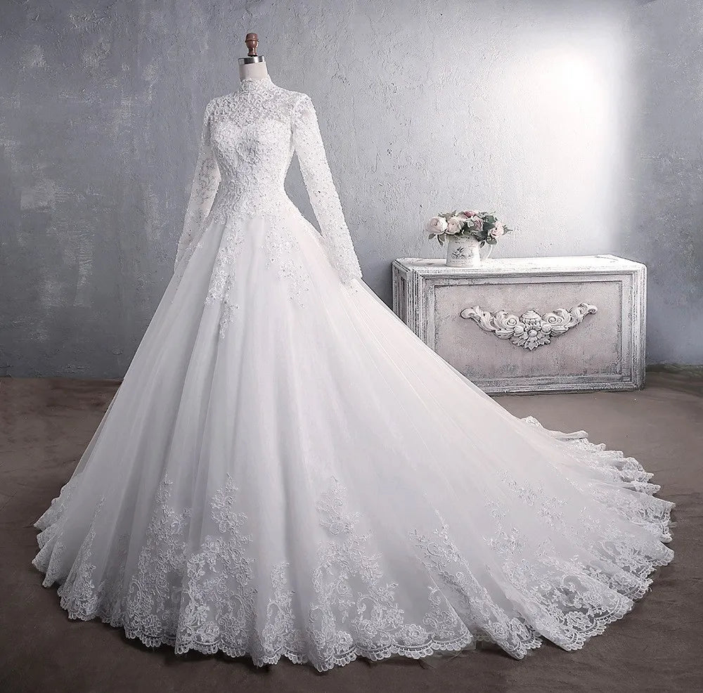 Elegant Plus Size Long Sleeve High Neck Ball Gown Wedding Dress with Zipper Back - Perfect for Bridal Ceremonies, Formal Events & Evening Galas