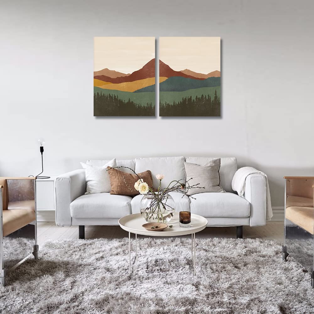 Mid Century Boho Minimalist Canvas Prints - Set of 2 Framed Wall Art (24x36 inch) - Modern Mountain & Abstract Landscape Paintings for Living Room, Bedroom, Dining Room Decor | Perfect for Bohemian Home Styling & Nature-Inspired Interior Design