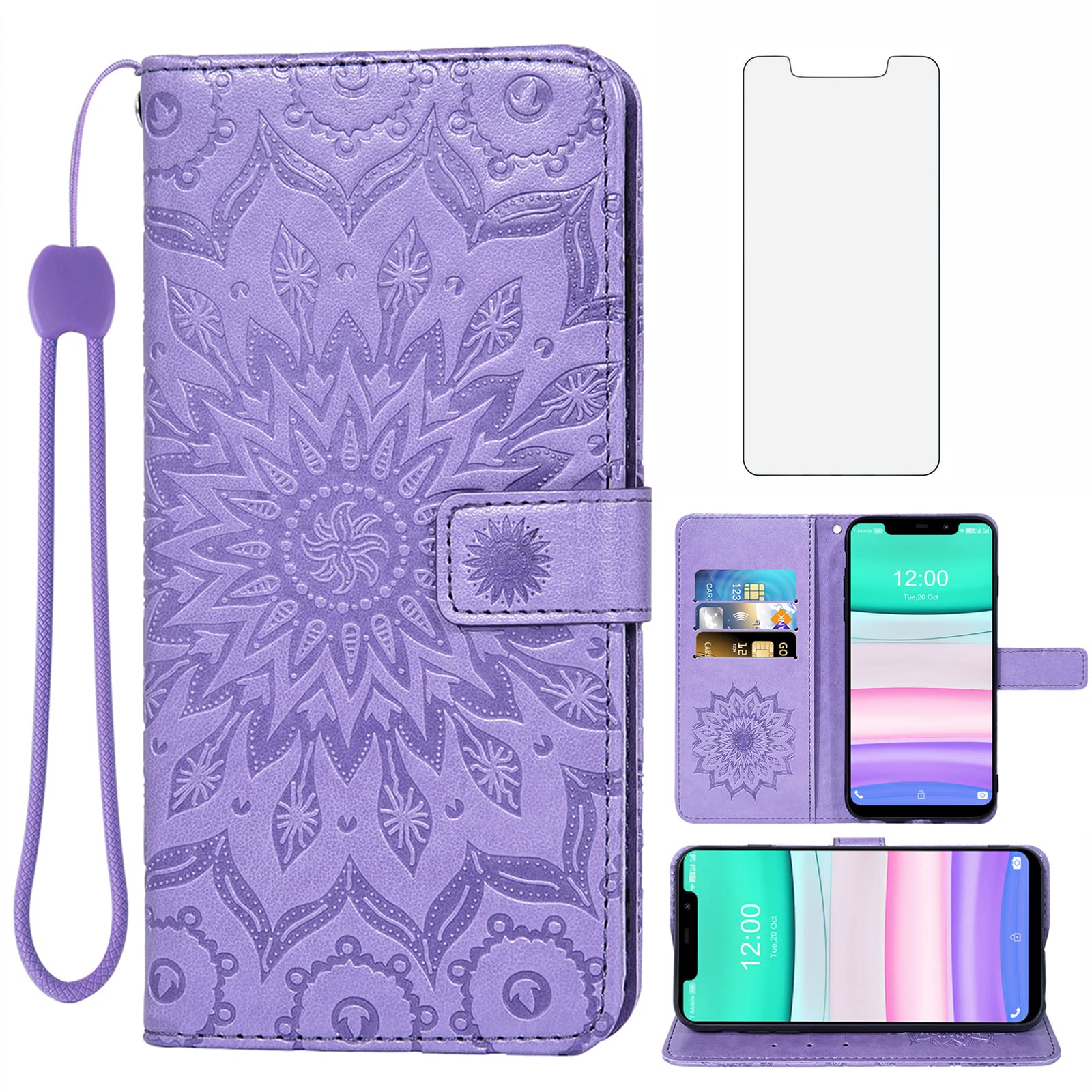 Premium OUKITEL C22 Wallet Case with Tempered Glass Screen Protector - Slim Leather Flip Cover with Card Holder & Stand | Sunflower Design in Purple for Women | Perfect for Daily Use, Travel & Work (5.86 inch)