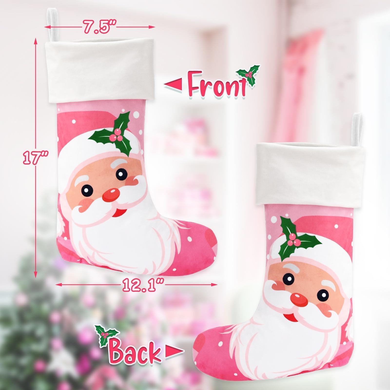 2 Pack Pink Christmas Stockings - Santa Reindeer Holiday Decor for Tree Hanging, Family Winter Decorations | Perfect for Fireplace Mantel, Gift Exchange & Festive Home Decor