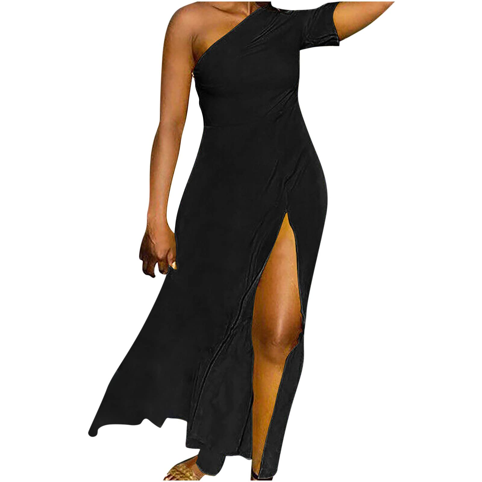 BmkBWO Women's Sexy One Shoulder Midi Dress with Thigh High Split - Elegant Short Sleeve Party Dress for Wedding Guest, Cocktail, Date Night & Special Occasions