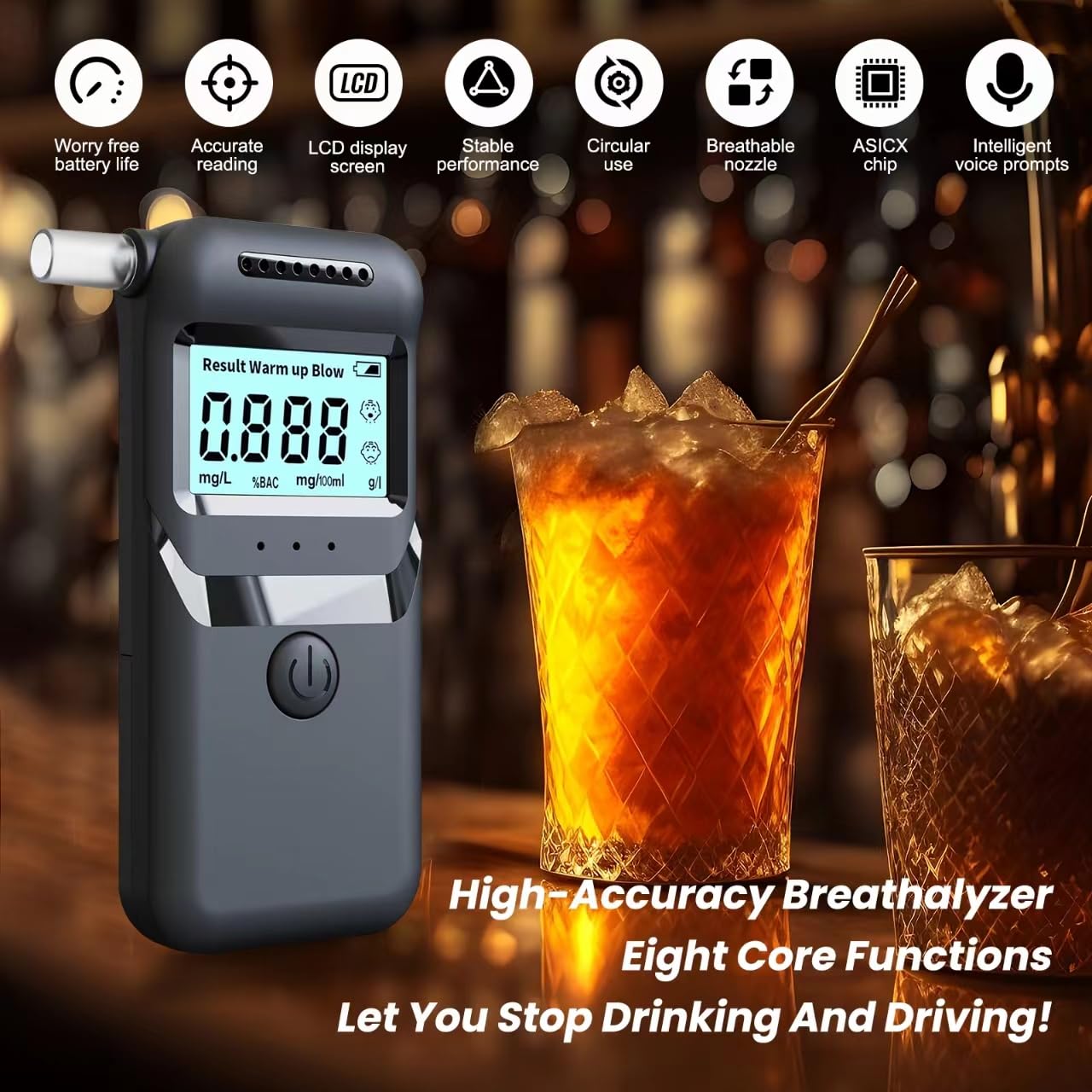 Professional-Grade Breathalyzer with LCD Display - Accurate Alcohol Tester for Personal & Professional Use - Portable BAC Tester with 20 Reusable Mouthpieces - Perfect for Home, Parties, Workplace Safety & DUI Prevention