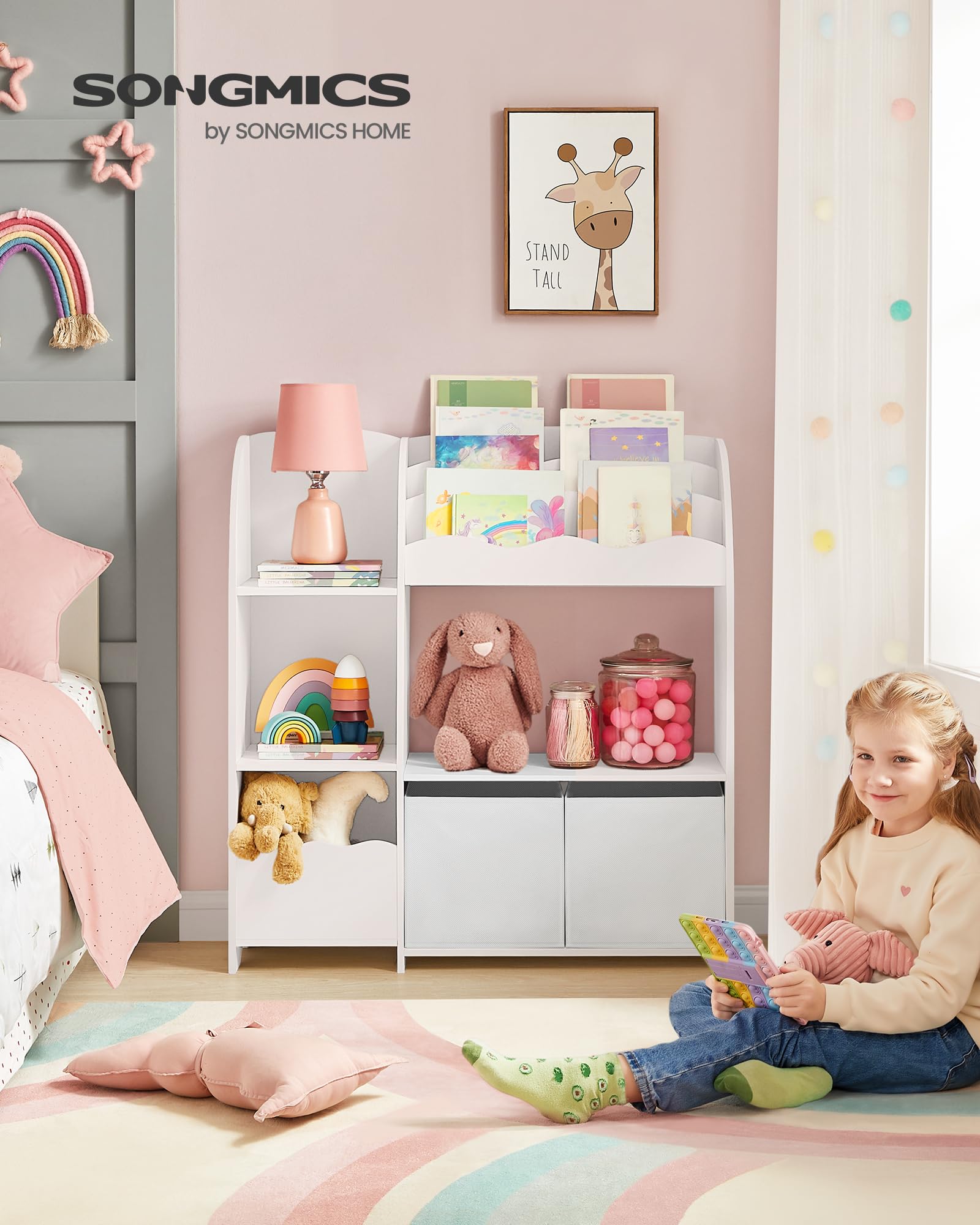 SONGMICS Kids Toy and Book Storage Organizer with 2 Bins - Multifunctional Bookshelf & Toy Organizer for Playroom, Nursery, Living Room - Cloud White UGKR042W01 | Perfect for Organizing Toys, Books, and Kids' Room Decor