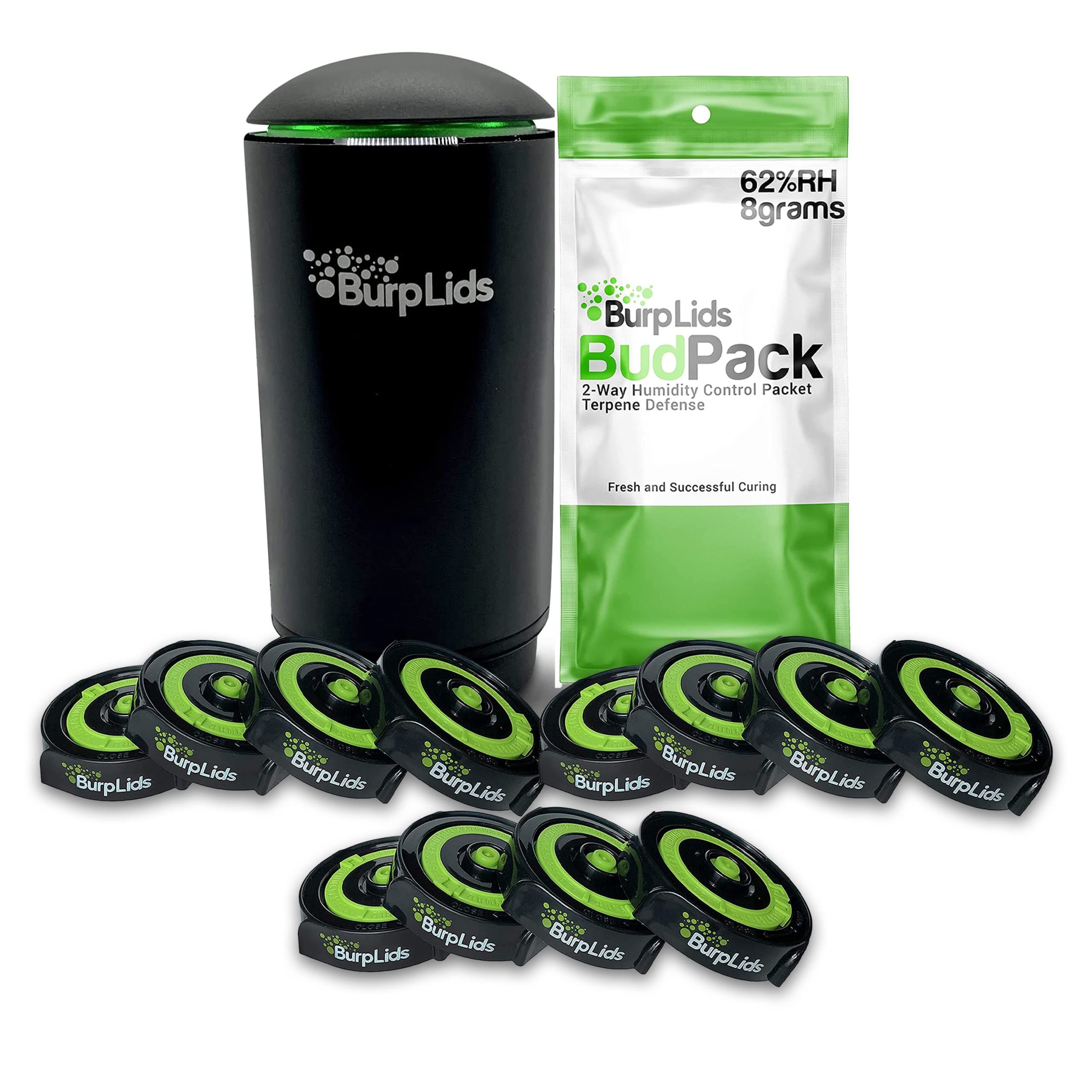 Burp Lids Curing Kit with Automatic Pump & 12 Resealable Bags - 62% RH 2-Way Humidity Control for Home Harvesting | Perfect for Cannabis, Herbs & Flower Preservation | Auto-Burping System for Freshness