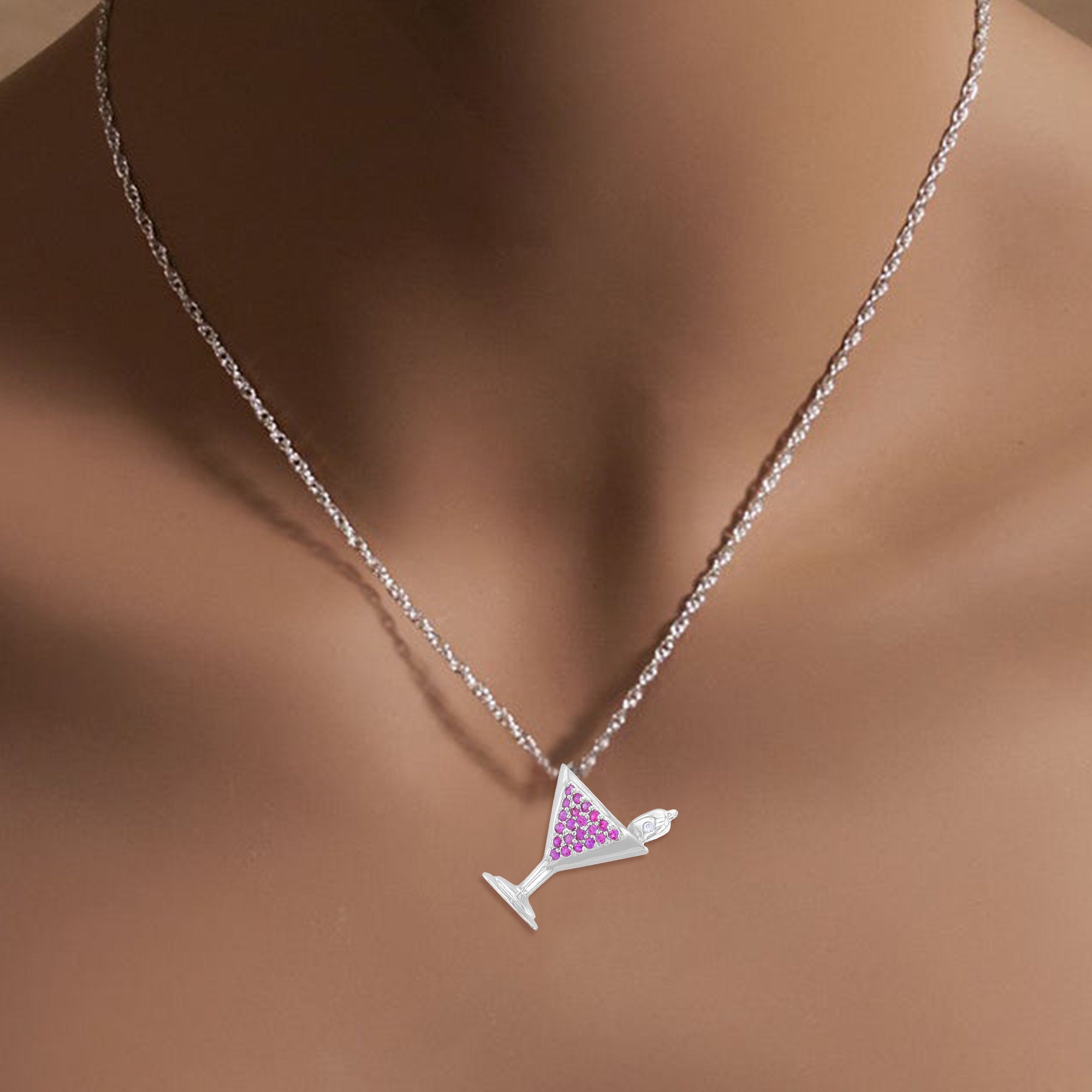 14k White Gold Martini Ruby Necklace - Elegant Dainty Pendant for Women, Perfect for Valentine's Day Gifts, Anniversary, Birthday & Special Occasions