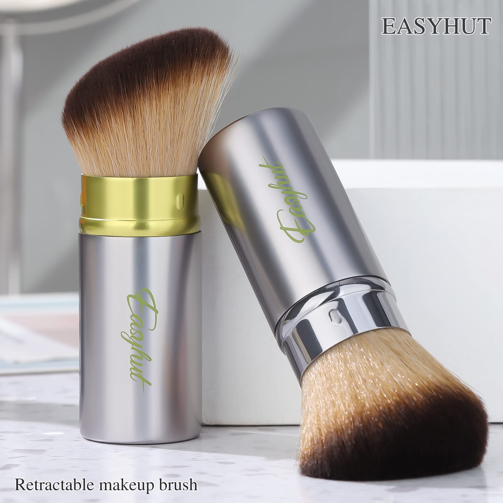 Retractable Kabuki Makeup Brush Set - 2 Pcs Flat & Angled Top Blush & Powder Brushes for Liquid, Cream & Cosmetics - Travel Friendly Makeup Tools (Silver Green) - Perfect for On-the-Go Touch Ups & Professional Makeup Application