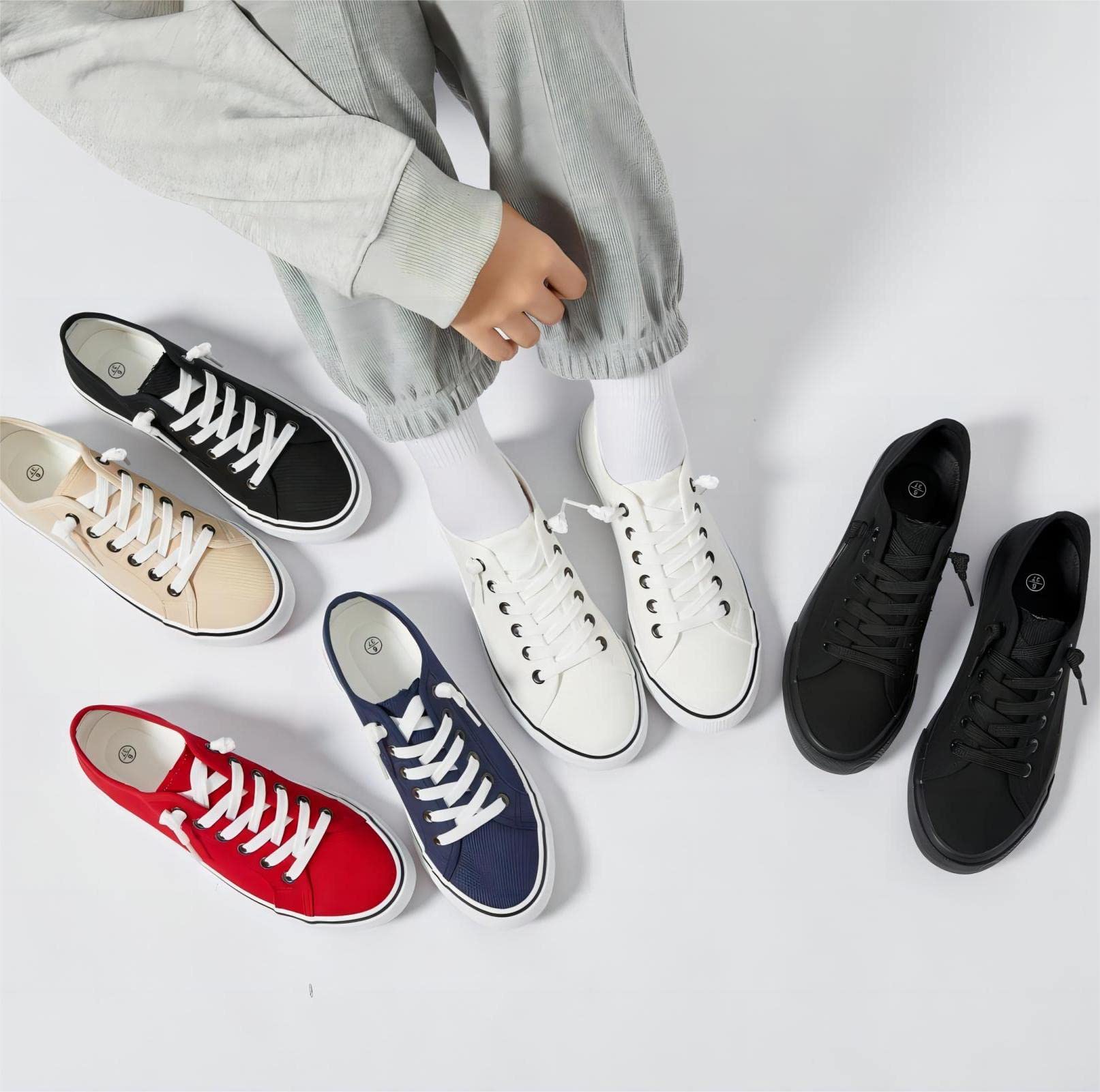 Women's Slip-On Canvas Sneakers - Non-Slip Casual Loafers with Lace-Up Design | Comfortable Low-Top White & Black Fashion Shoes for Walking, Travel & Everyday Wear