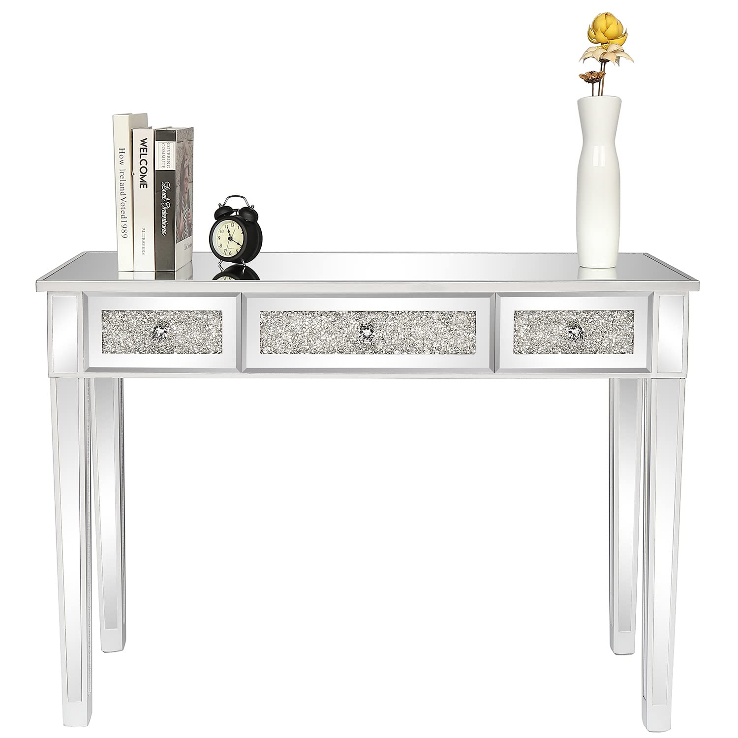 Modern Mirrored Console Table with 3 Drawers - Vanity Dressing Table, Sofa Side Table & Entryway Desk for Home Office, Bedroom & Hallway - Perfect for Makeup, Storage & Living Room Decor
