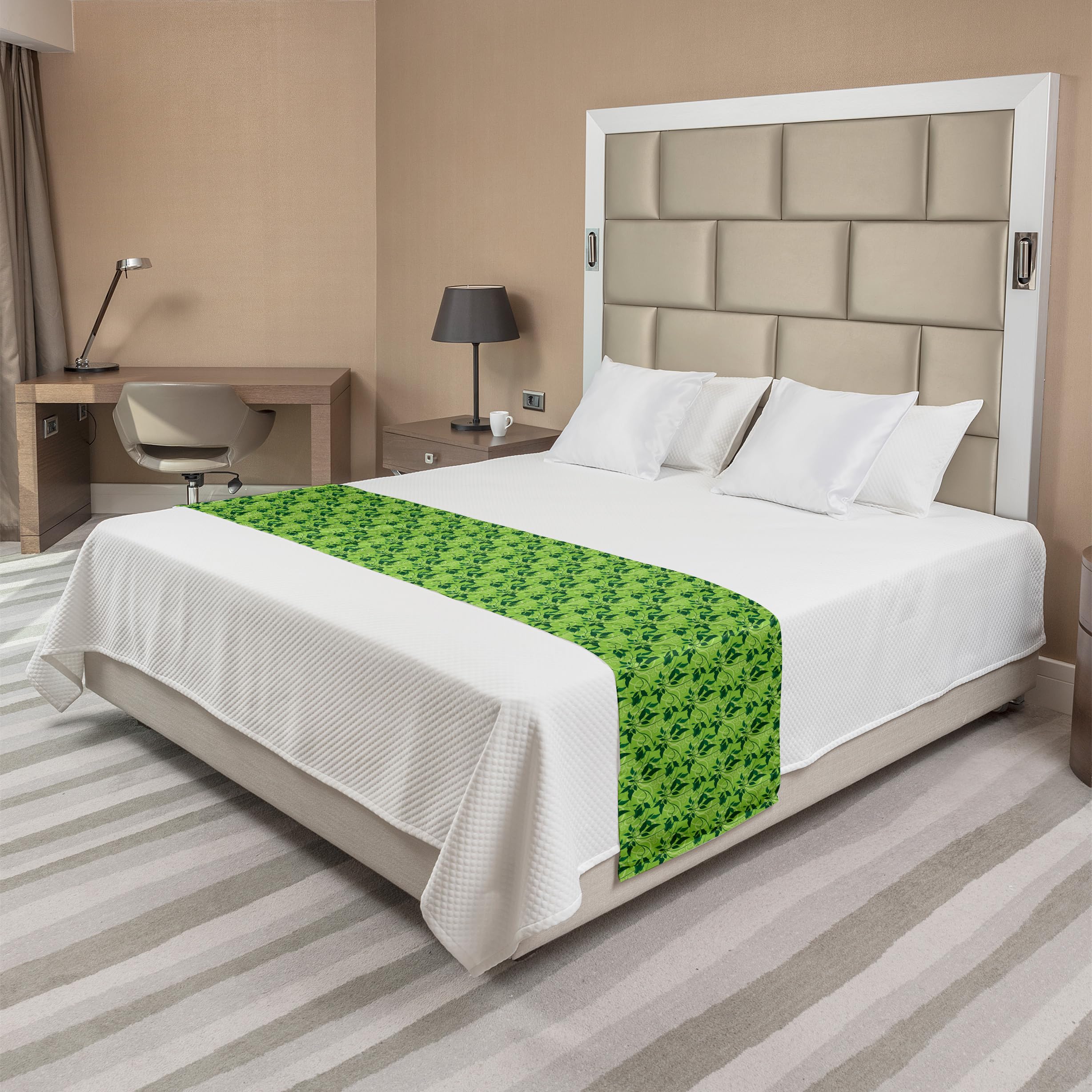 Ambesonne Botanical Leaf Pattern Bed Runner with Swirl Background - King Size Decorative Bed Scarf in Lime & Hunter Green for Hotels, Homes & Guest Rooms | Perfect for Bedroom Decor, Wedding Accents & Seasonal Home Styling