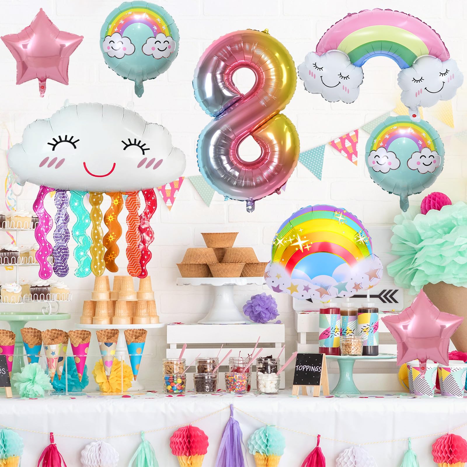 8th Birthday Party Decorations for Girls - 8 Pcs Rainbow Pink Star Pastel Foil Balloons with Number 8 Balloon, Perfect for Girls Birthday Party & Baby Shower Supplies | Great for Indoor & Outdoor Celebrations
