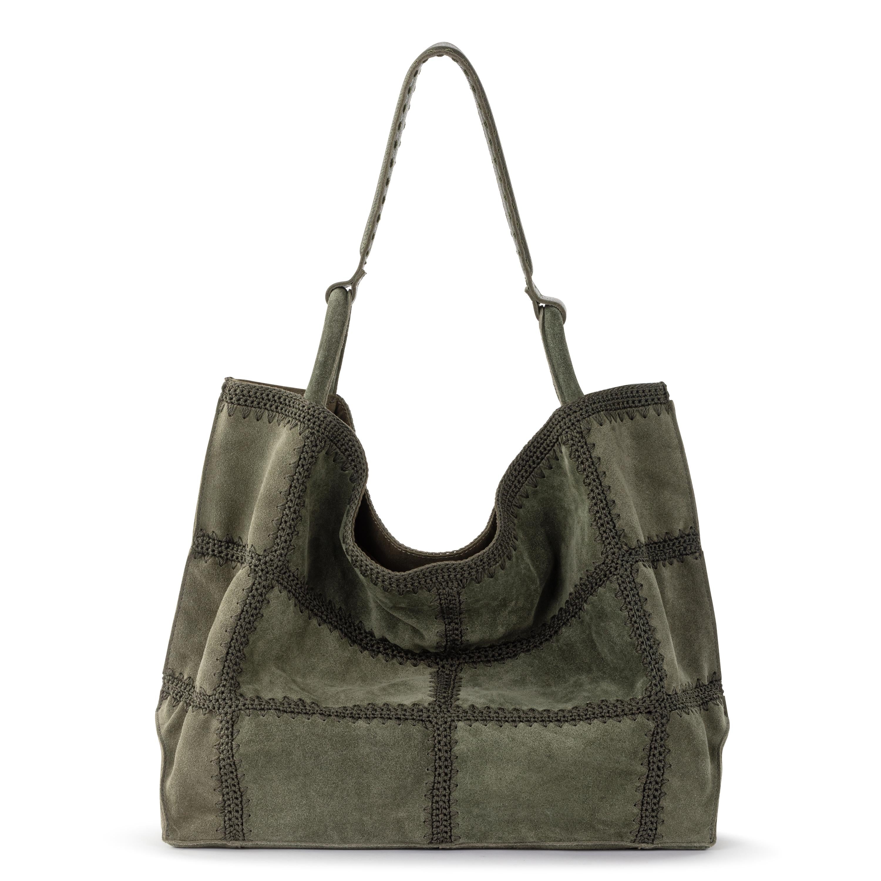 Los Feliz Large Leather Tote Bag with Moss Suede Patch - Stylish & Spacious Handbag for Work, Travel & Everyday Use