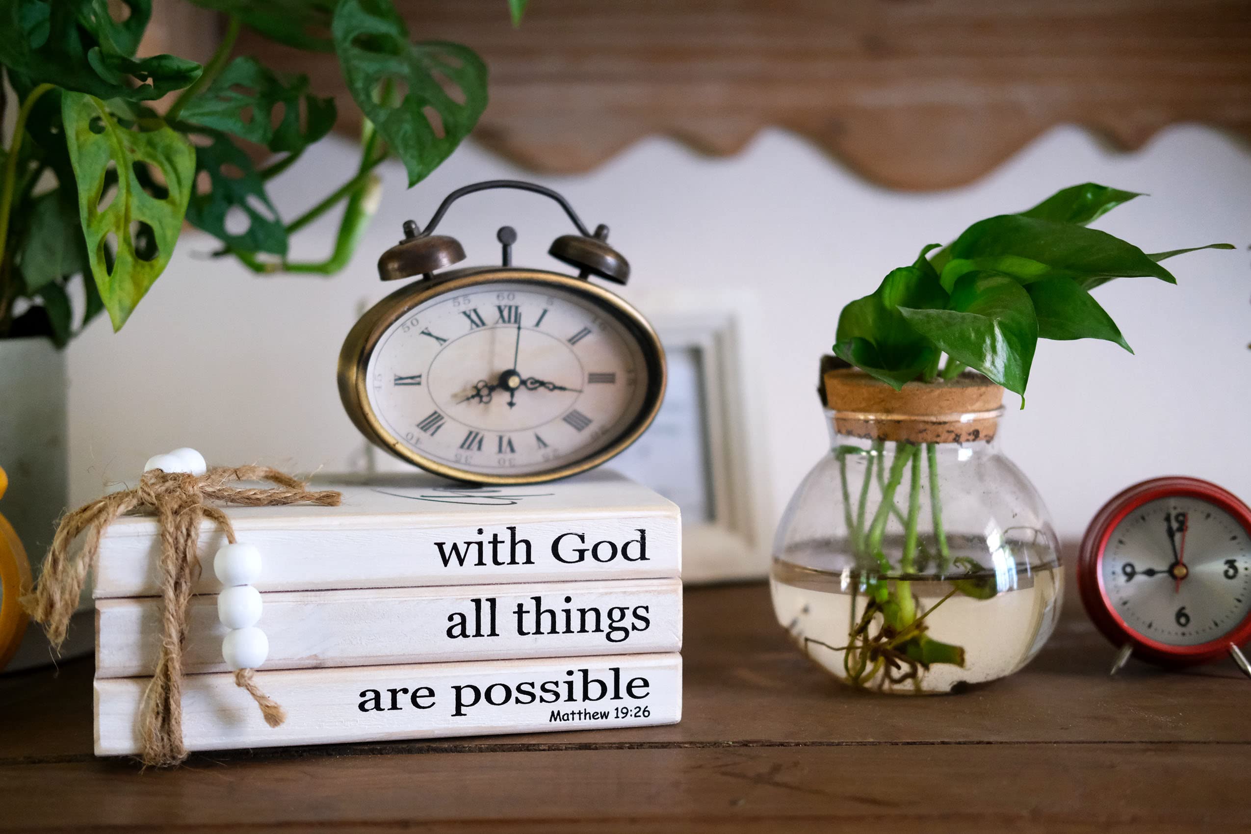 LIVDUCOT Farmhouse Wooden Decor Book Stack - Rustic Faux Book Stacks for Modern Home Decor | Coffee Table & Bookshelf Decoration | With 'With God All Things Are Possible' Sign - Perfect for Living Room, Office & Gift Giving