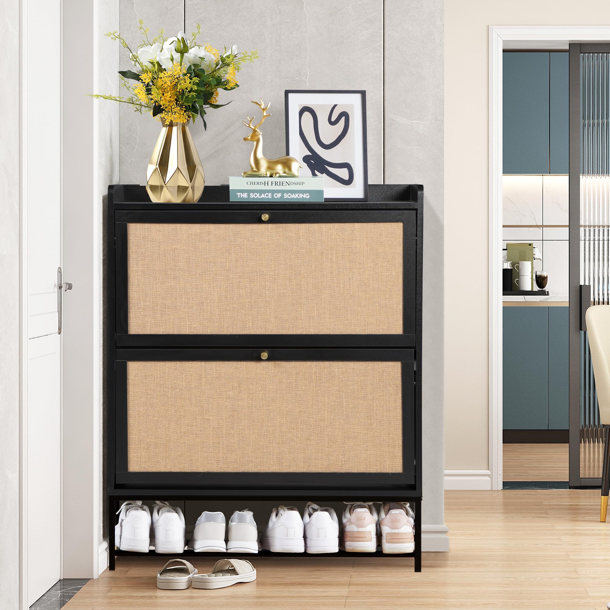LEVNARY Wooden Shoe Storage Cabinet with 2 Flip Drawers - Narrow Freestanding Shoe Rack Organizer with Metal Legs for Entryway, Hallway & Closet - Perfect for Small Spaces & Shoe Organization (Black)