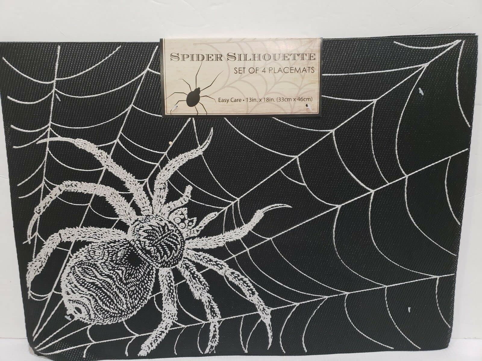 Spooky Halloween Spider Web Vinyl Placemats Set of 4 - Black & Silver Gothic Table Decor for Dinner Party, Haunted House, and Themed Events