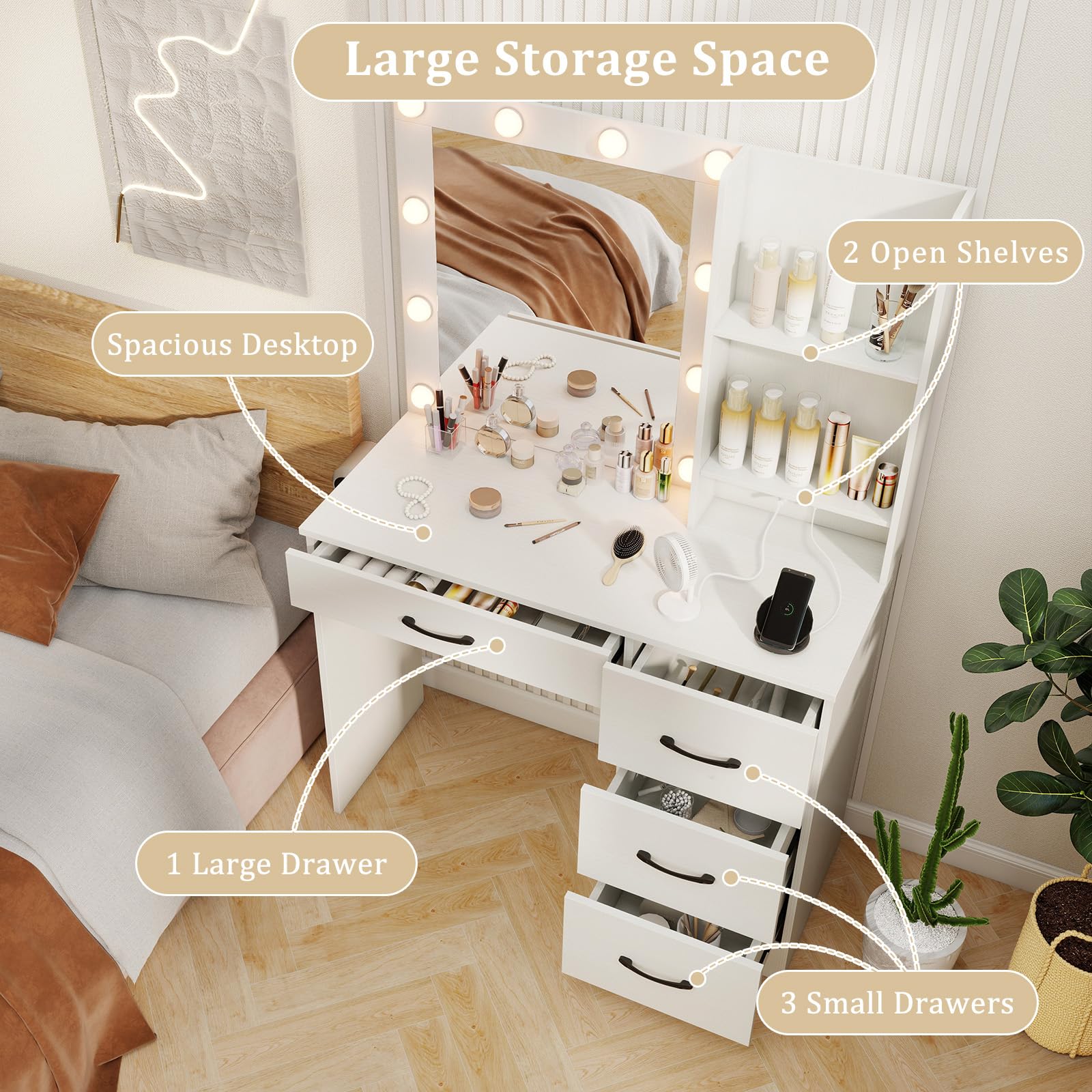 Charmaid White Vanity Desk with Mirror, LED Lights & Charging Station - Modern Makeup Dressing Table with 4 Drawers & 2 Shelves, 3-Color Adjustable Lighting - Perfect for Bedroom, Home Salon & Beauty Room Organization