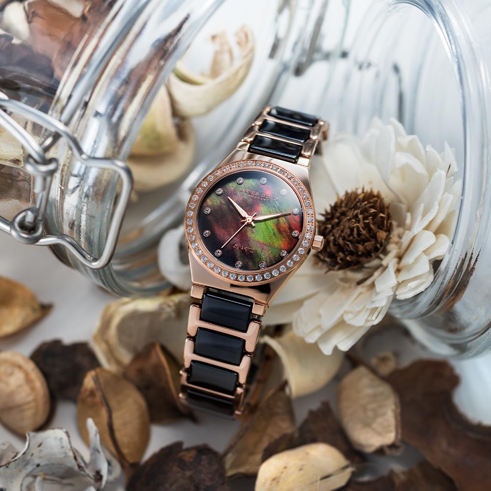 Aries Gold Enchant Rose Gold Stainless Steel Women's Watch with Ceramic Bezel & BKMOP Dial - Elegant Dress Watch for Women, Perfect for Office, Party & Special Occasions