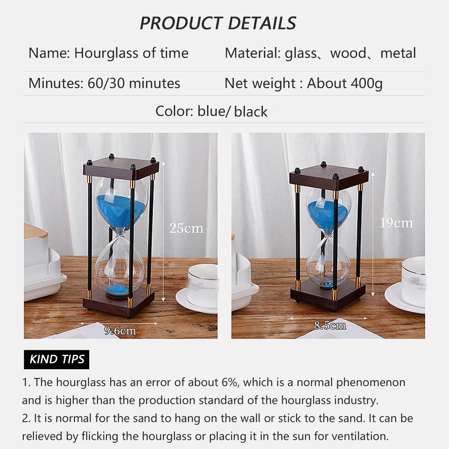 60-Minute Large Hourglass Sand Timer - Decorative & Functional 1-Hour Glass Timer for Kitchen, Classroom, Board Games, Meditation & Home Office Decor
