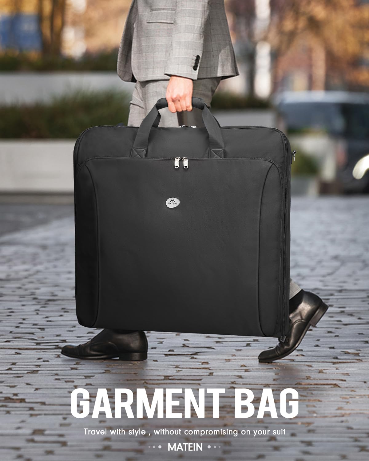 Matein Large Double Layer Travel Garment Bag with Shoulder Strap - Foldable Carry-On Suit Bag for Men & Women | Hanging Clothes Organizer | Perfect for Business Trips, Weddings & Weekend Getaways | Black