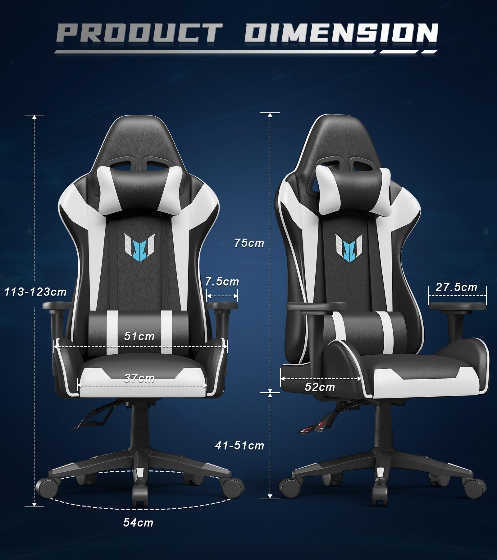 Bigzzia Ergonomic Gaming Chair - Adjustable Height Swivel Office Desk Chair with Lumbar & Headrest Support, Racing Style PU Leather Computer Chair for Video Gamers (Black/White) - Perfect for Esports, Streaming & Home Office Workspace