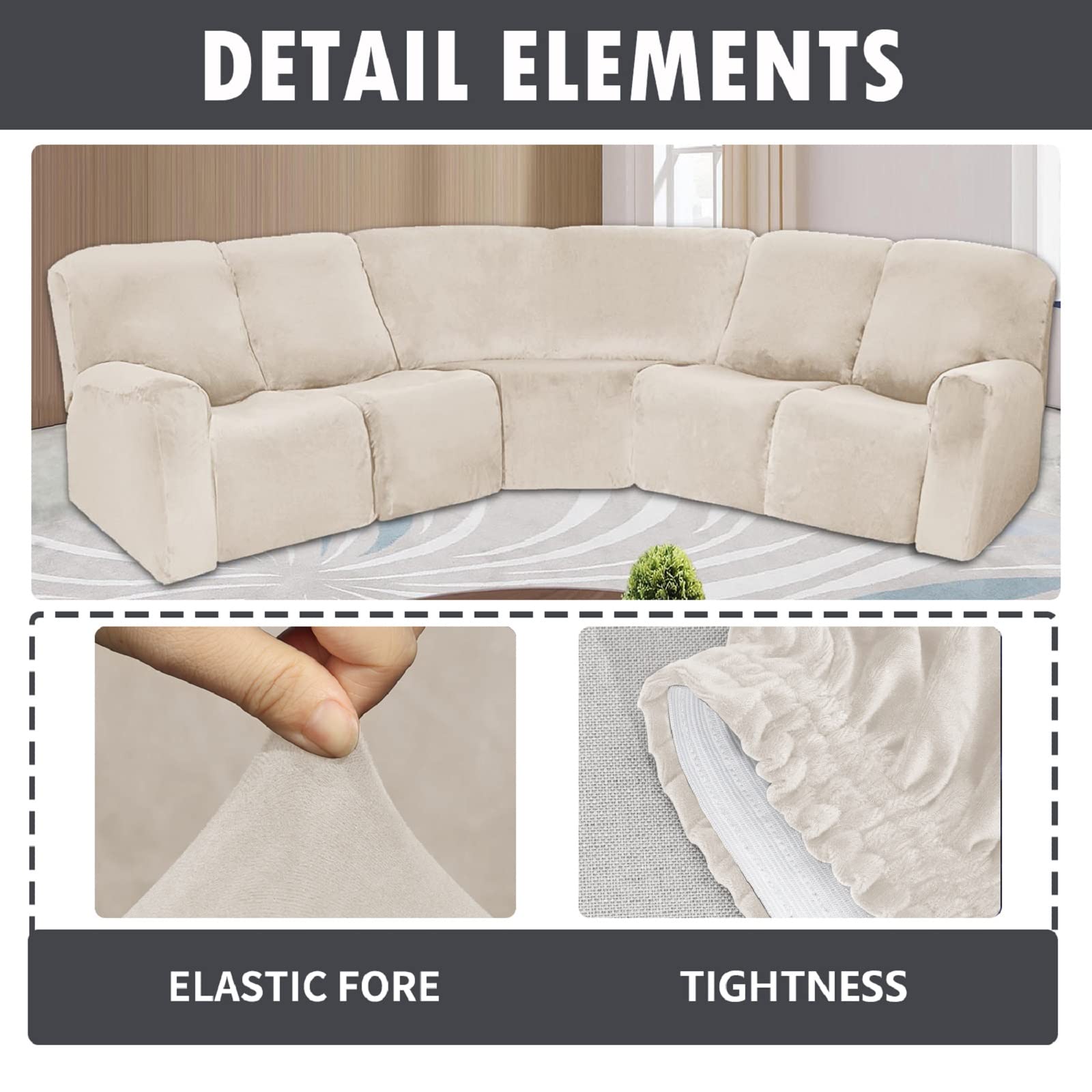7-Piece Velvet Sectional Sofa Covers - Stretchable Recliner Sofa Slipcovers, Non-Slip Washable Split Design for Living Room, Great for Kids & Pets (Beige) - Perfect for Home Decor, Family Gatherings and Pet-Friendly Spaces