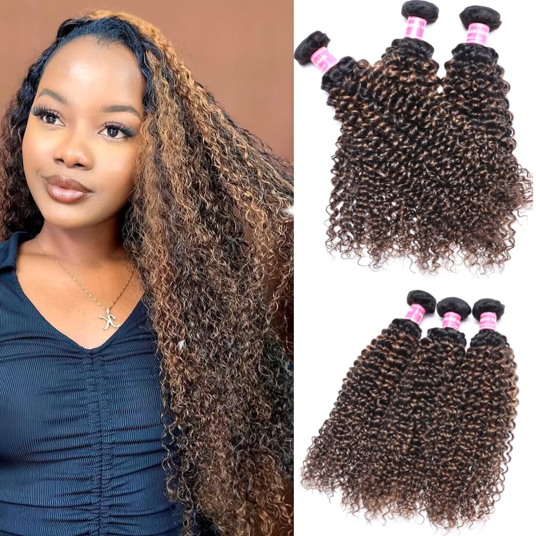 UNICE 16/18/20 Inch Brown Highlight Deep Curly Brazilian Remy Human Hair Weave Bundles - Ombre Blonde with Dark Roots for Sew-In & Wig Making (FB30 Color) | Perfect for Parties, Weddings & Daily Styling