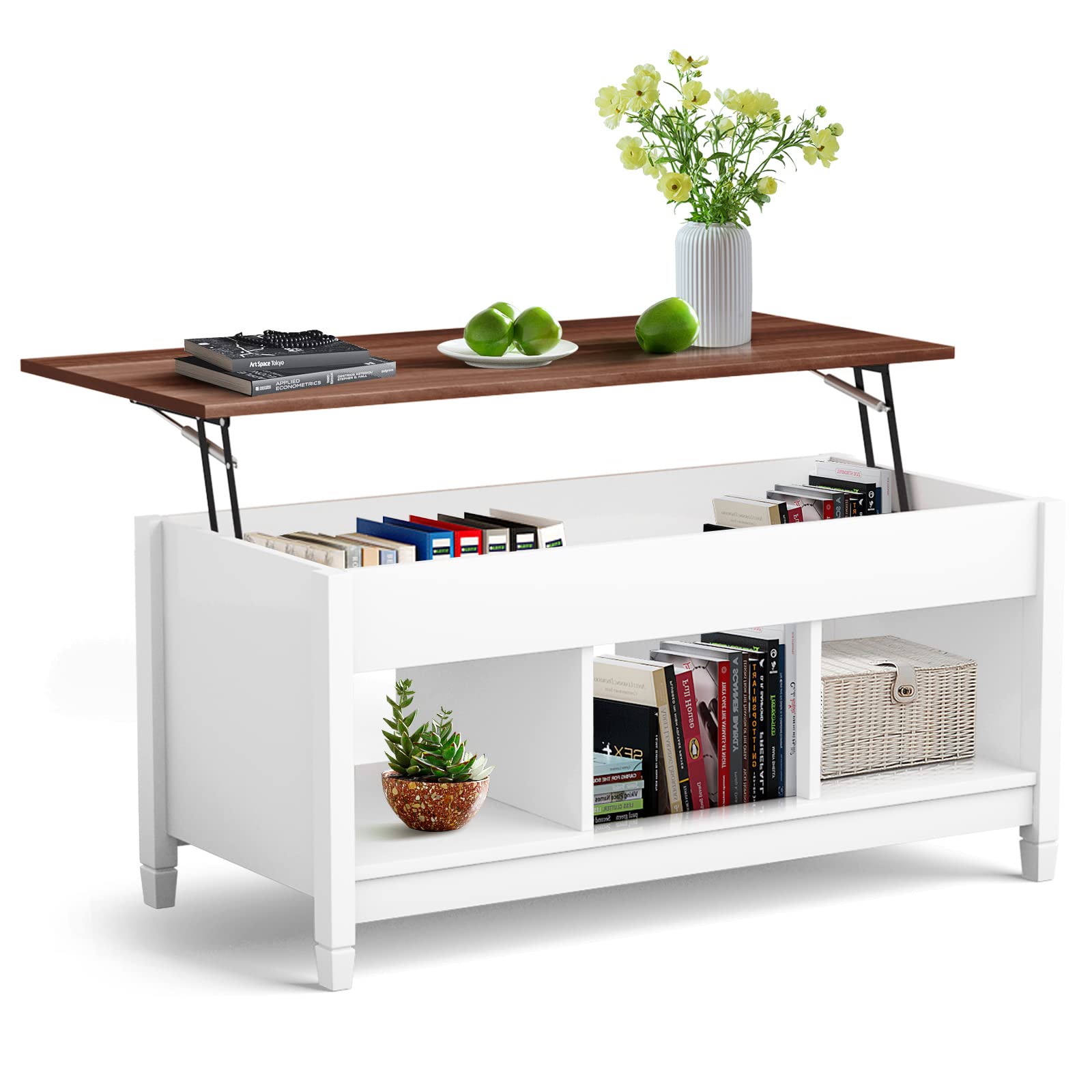 KOTEK Lift Top Coffee Table with Hidden Storage Compartment & Open Shelves - Modern Living Room Lift-Top Table for Small Spaces, Sofa Side Table with Storage - Perfect for Apartments, Studios & Reception Areas (White)