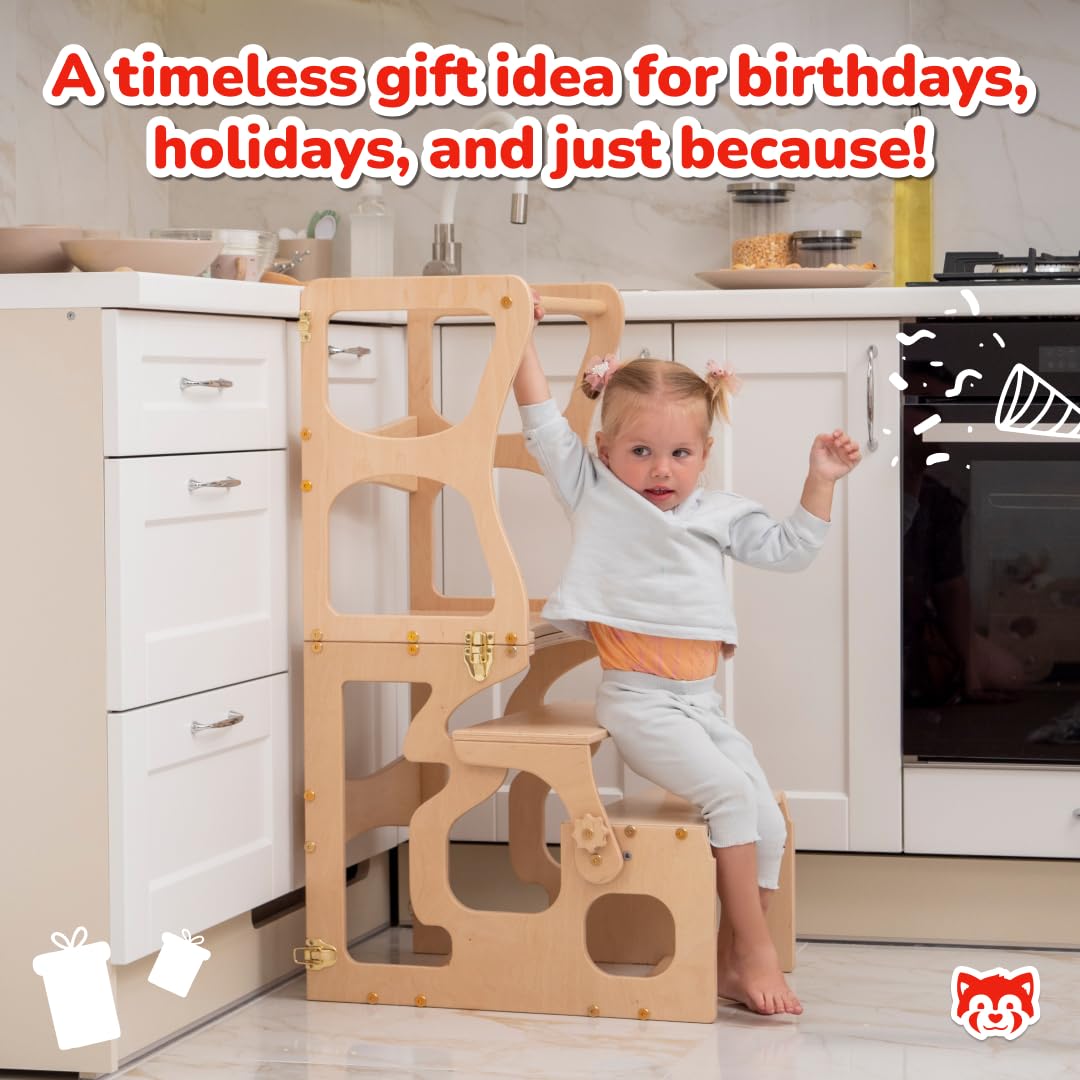Wooden Toddler Tower with Foldable Design & Shapes Cutouts - Safe Kitchen Step Stool for Kids - Made in EU - Perfect for Baking, Cooking & Learning Independence
