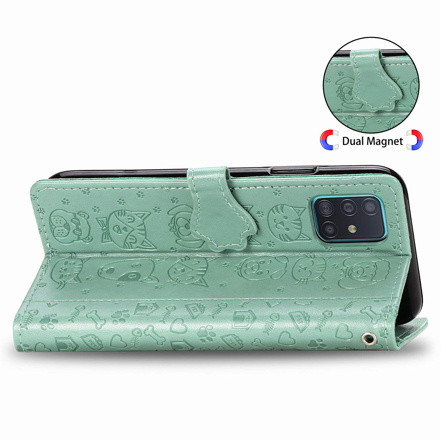 Samsung Galaxy A51 Wallet Case with Card Holder - Cute Cat & Dog Cartoon PU Leather Flip Cover with Kickstand (Not for 5G Model) - Perfect for Women's Daily Use, Commuting & Travel Accessories (MG Green)