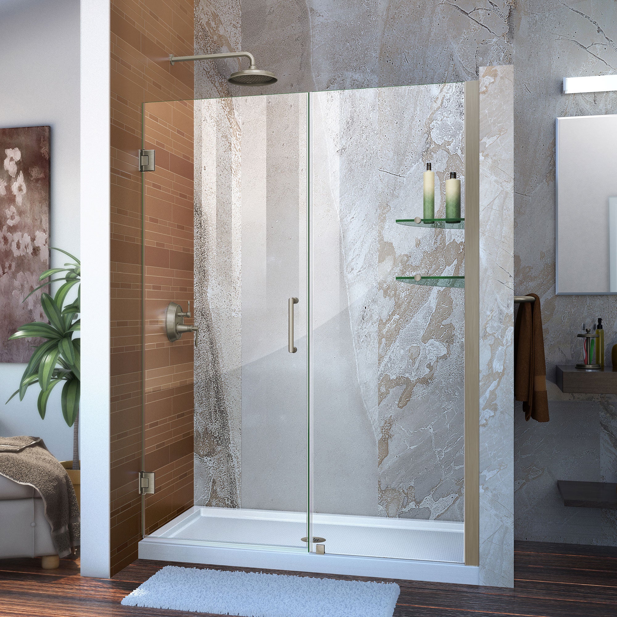 DreamLine Unidoor 51-52 Inch W x 72 Inch H Frameless Hinged Shower Door with Glass Shelves - Clear Tempered Glass for Bathroom & Walk-In Shower - Perfect for Modern Home Renovation