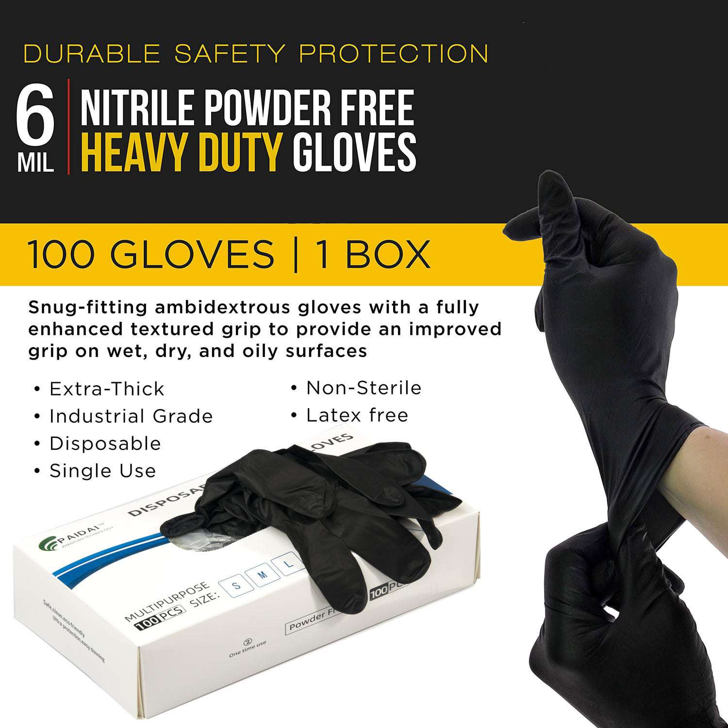 100-Pack Black Nitrile Disposable Gloves - Industrial, Mechanic, Tattoo & Food Safe - Medium Size - Perfect for Workshops, Kitchens & Tattoo Parlors