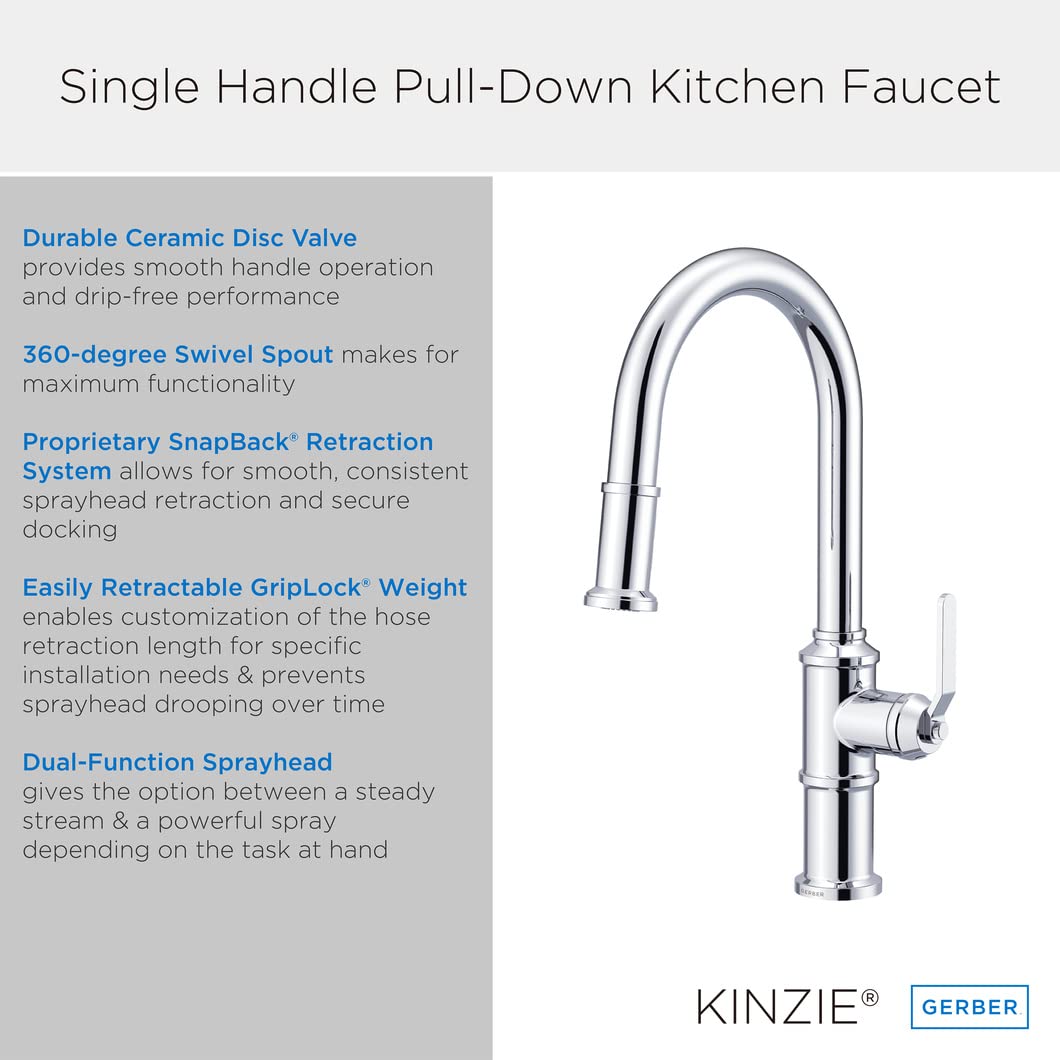 Gerber Kinzie Single Handle Pull-Down Kitchen Faucet in Brushed Bronze (Model D454437BB) - Perfect for Modern Farmhouse & Rustic Style Kitchens