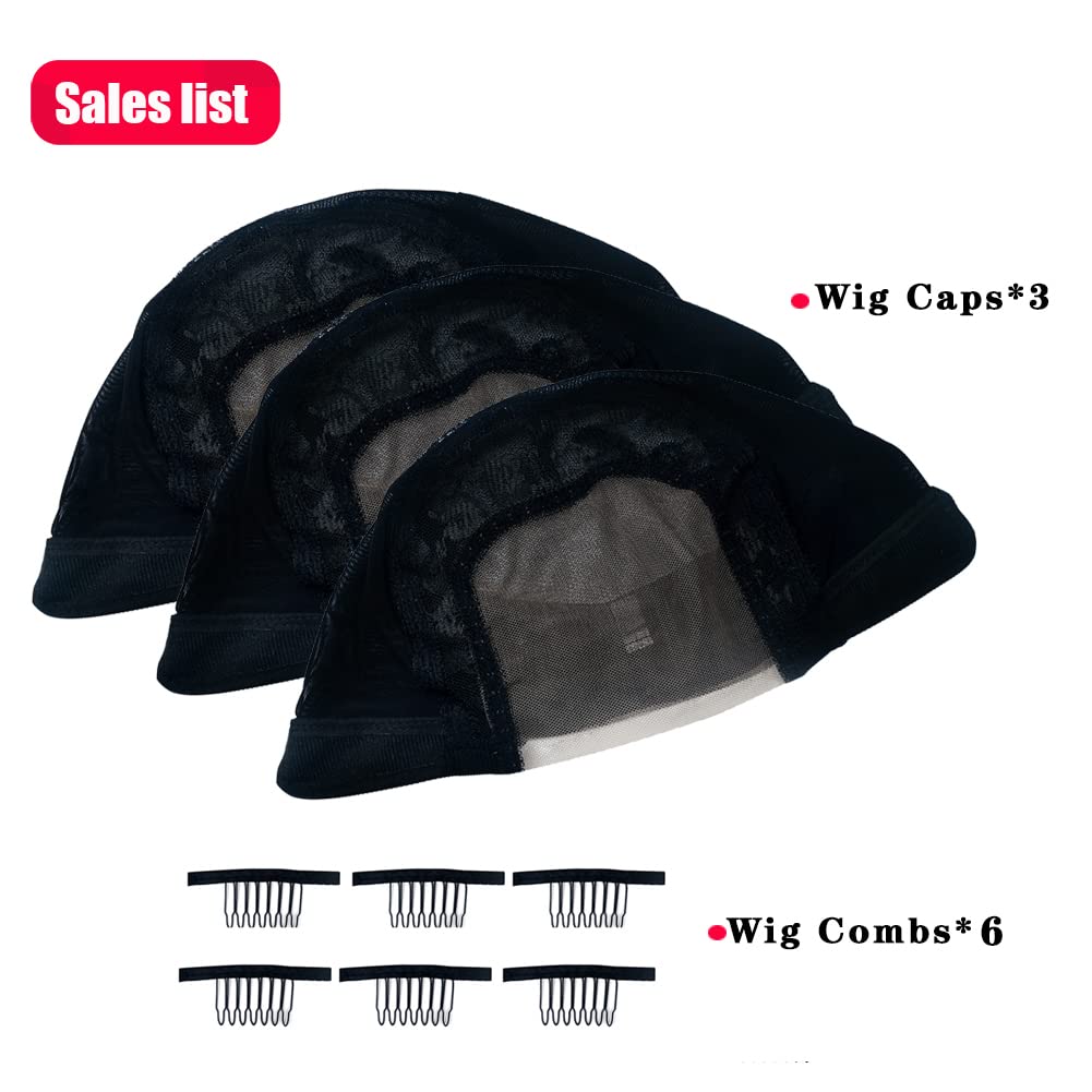 3pcs Adjustable 4X4 Inch U Part Swiss Lace Mesh Wig Cap for Making Wigs - with Back Straps & 6pcs Wig Combs (Size S/54cm, Brown) | Perfect for DIY Wig Making, Cosplay, and Hair Styling