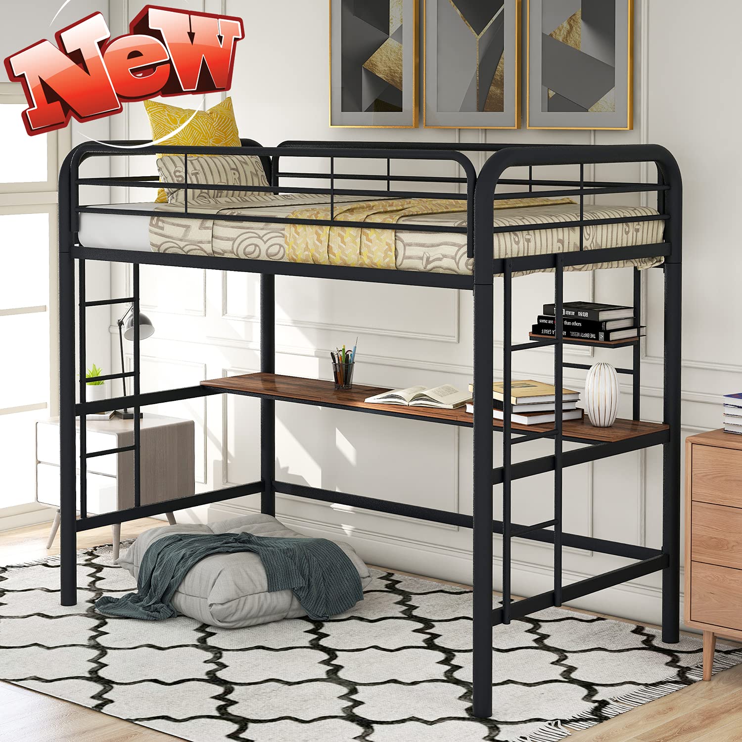 TYNAWYNW Sturdy Twin Size Metal Loft Bed with Built-in Desk, Storage Shelves & Dual Ladders - Modern Space-Saving Bed Frame for Small Rooms, Dorms & Apartments - Perfect for Teens, College Students & Compact Living Spaces