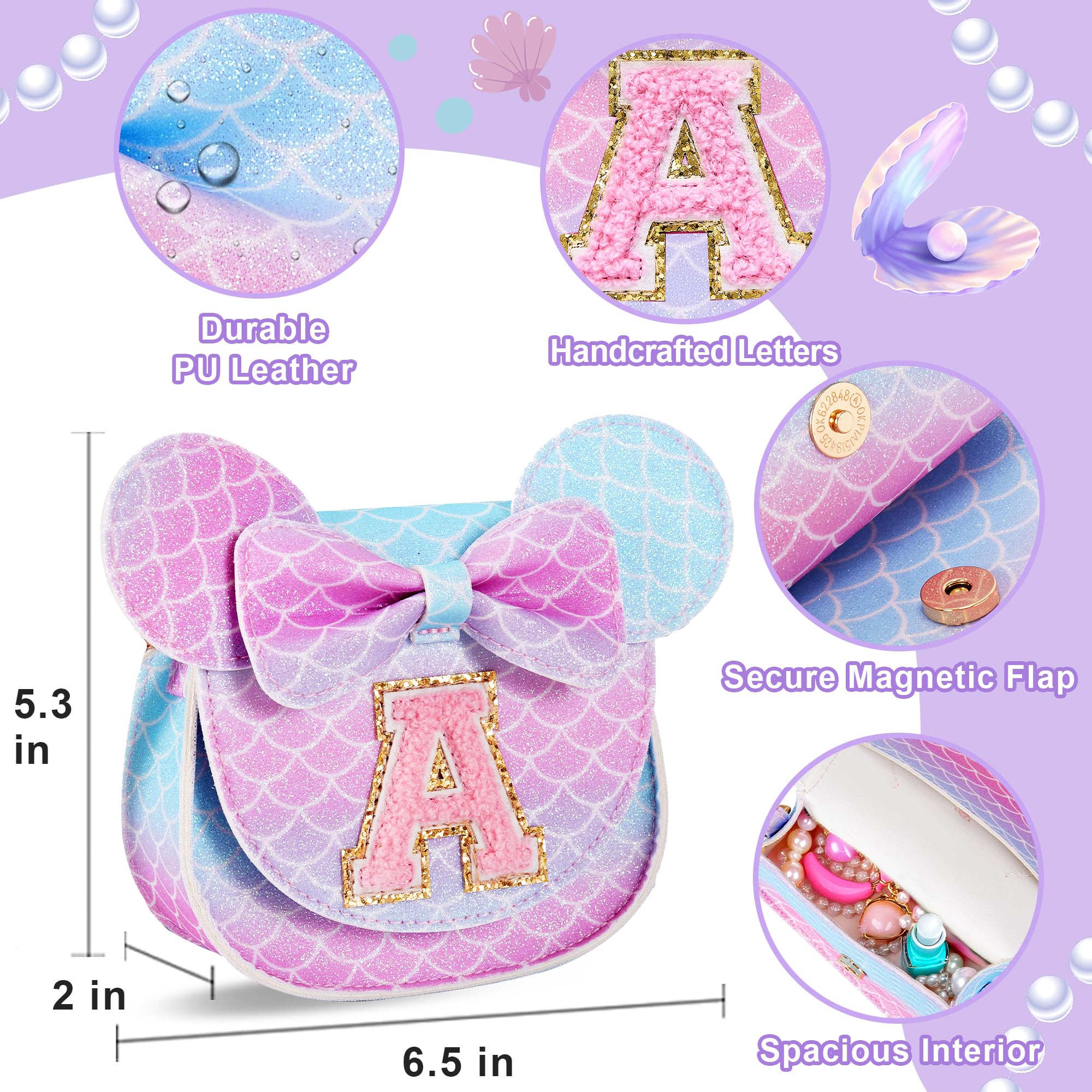 **Adorable Mermaid Toddler Purse Set for Girls Age 3-8 - Princess Dress Up Jewelry & Mini Mouse Ears - Perfect Birthday Gift for Little Girls (Mermaid Purple) - Ideal for Birthday Parties, Dress Up Play & Pretend Play**