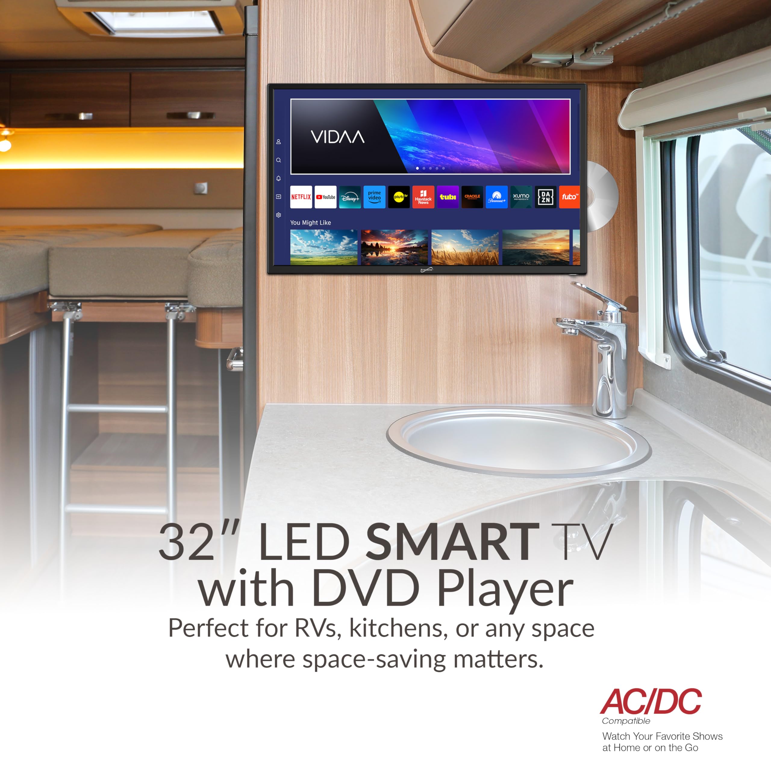 Supersonic SC-3226SDVD 32-inch Smart LED HDTV with Built-in DVD Player - 1080p Full HD, ATSC/NTSC Tuner, 3 HDMI Ports, WiFi, USB - Multi Language OSD - AC/DC Power Compatible for Home Theater, Kitchen, RV Camping & Car Use - Includes DC Car Power Cord