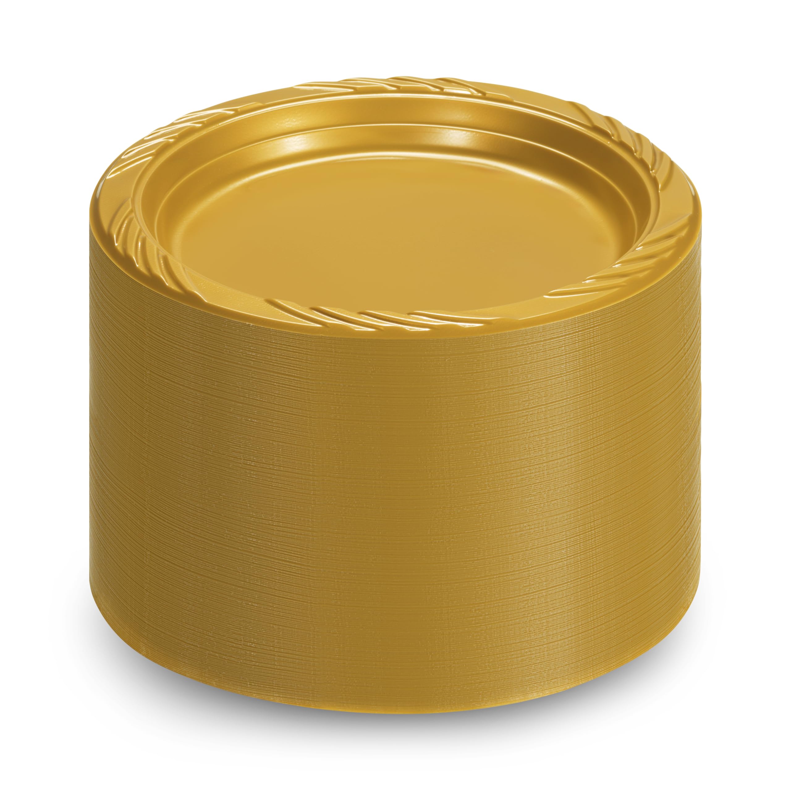 Munfix 6 Inch Gold Plastic Plates - 100 Pack Disposable Party Plates for Desserts, Appetizers, BBQ, Events & Travel | Microwave Safe & Eco-Friendly | Perfect for Birthday Parties, Weddings, Picnics & Office Gatherings