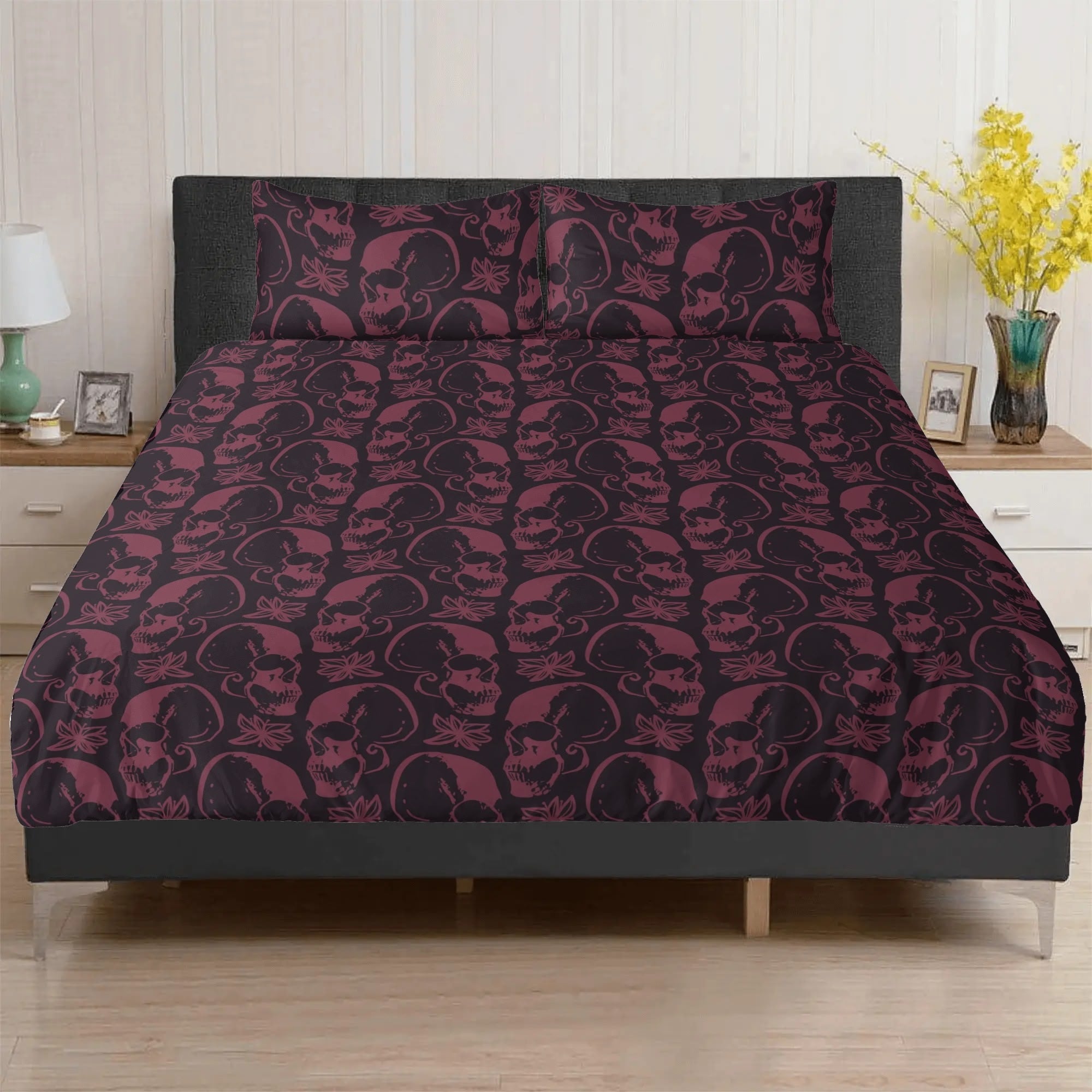 3-Piece Gothic Purple Skull Bedding Set - Soft & Stylish for Halloween, Gothic, or Punk Themed Bedrooms